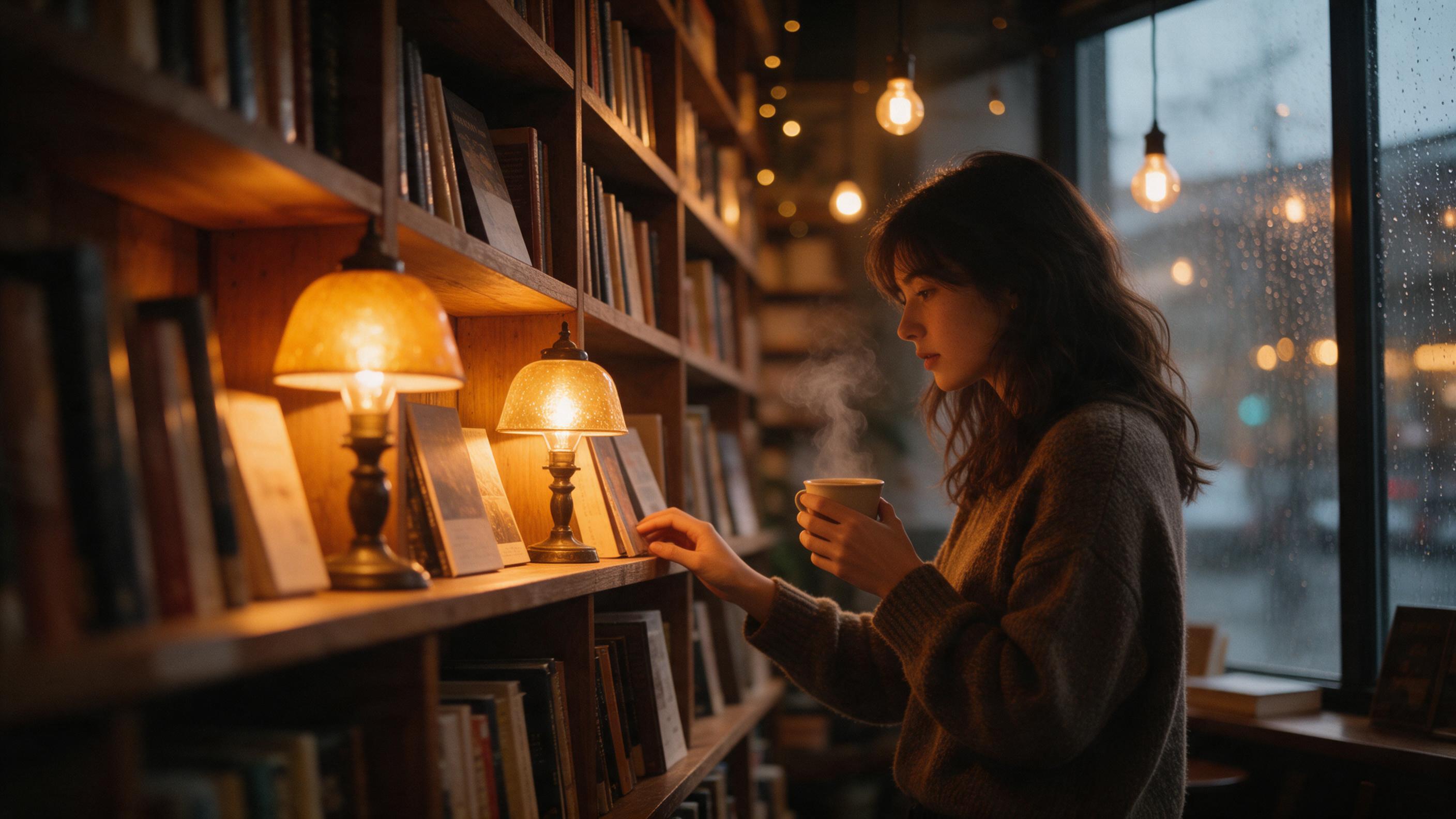 A cozy bookstore interior at dusk, warm amber light spilling from vintage lamps onto wooden shelves, a young woman in a knitted sweater browsing near a rain-streaked window, steam rising from her coffee cup, soft bokeh from hanging bulbs, film grain evokes analog photography, gentle shadows deepen t