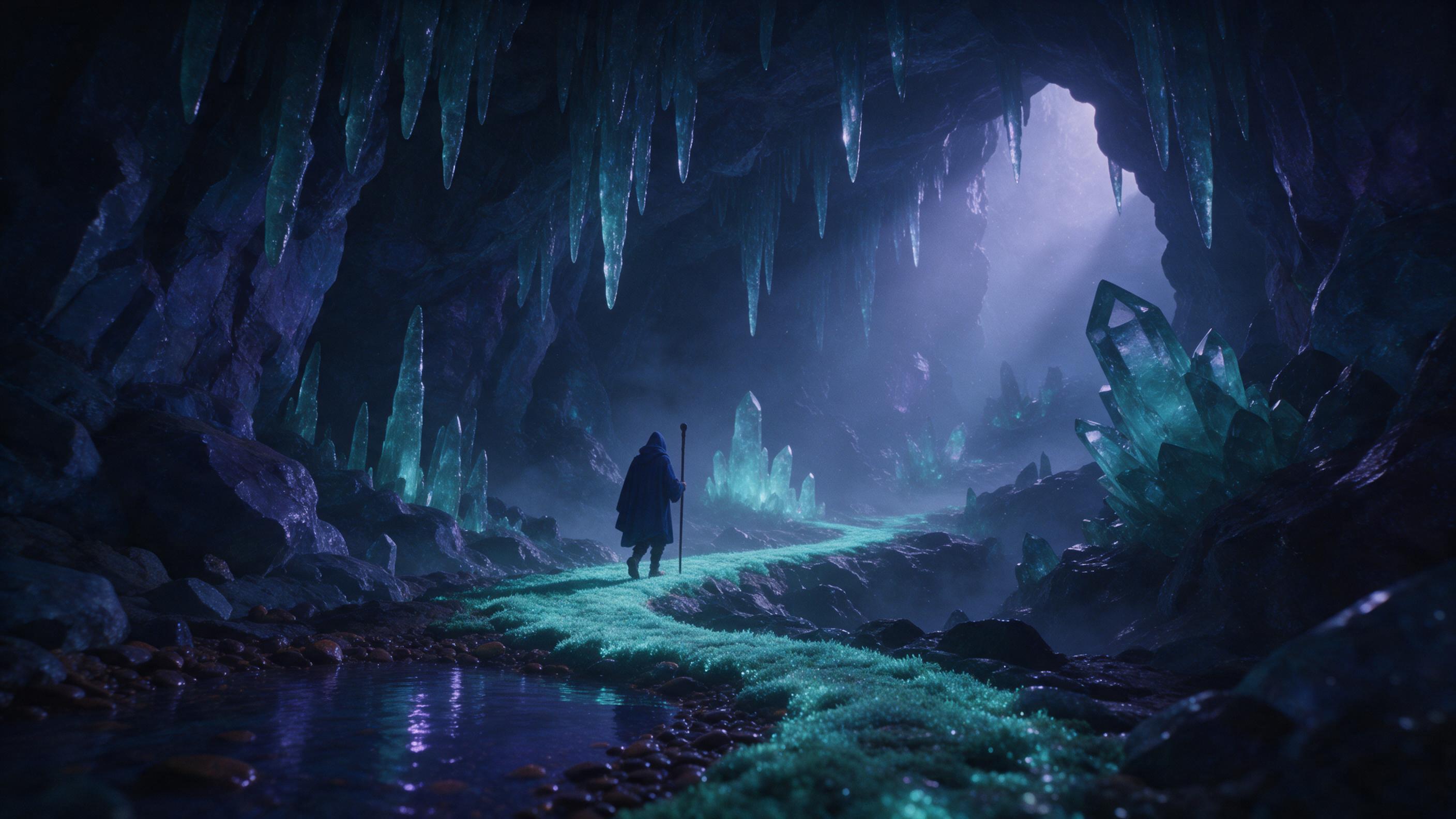 A moonlit crystal cavern with glowing teal stalactites, a winding path of luminous moss, and a lone hooded figure holding a staff, soft ethereal light rays filtering through mist, cinematic composition with depth of field, dark blue and purple palette, subtle grain for a mystical atmosphere.