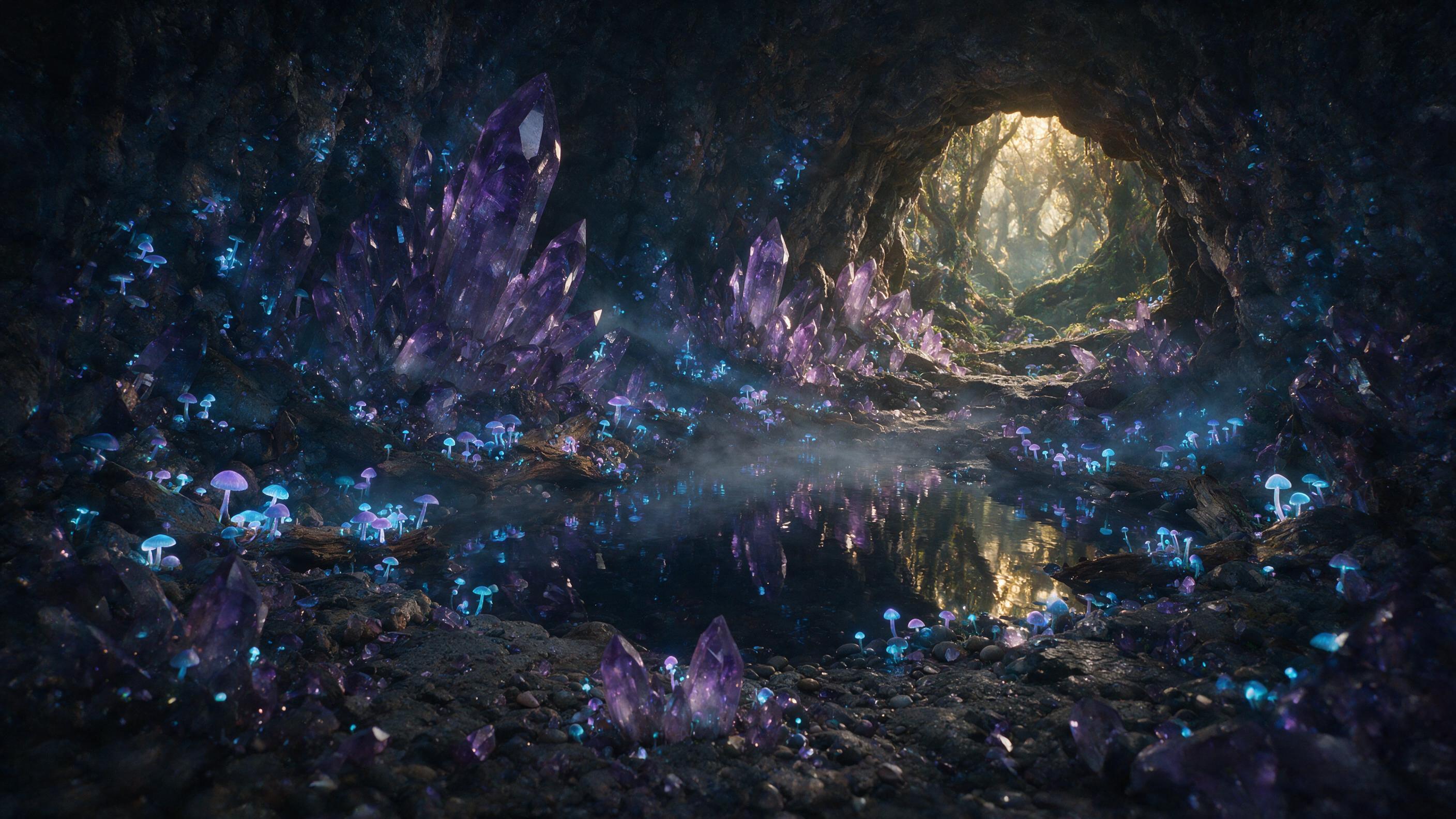 A luminous crystal cave deep underground, bioluminescent fungi casting soft blue and purple light onto towering amethyst formations, a still pool reflecting the cavern ceiling, misty atmosphere, cinematic composition, warm amber glow from a distant opening.