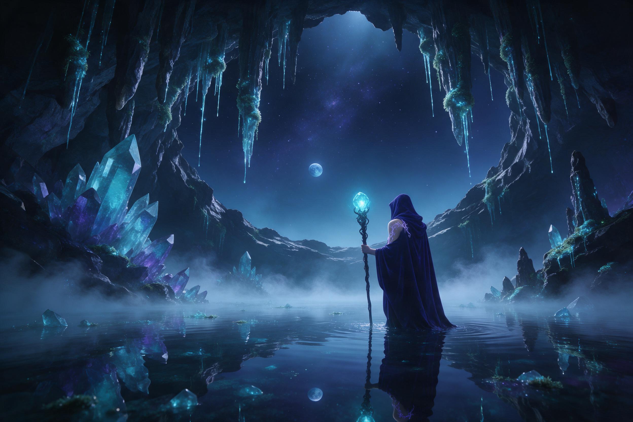 A floating crystal cavern beneath a starry void, bioluminescent moss dripping from stalactites, a lone robed figure with a glowing staff standing on a mirrored lake, soft cyan and violet light, mist swirling, perspective from low angle, ethereal atmosphere
