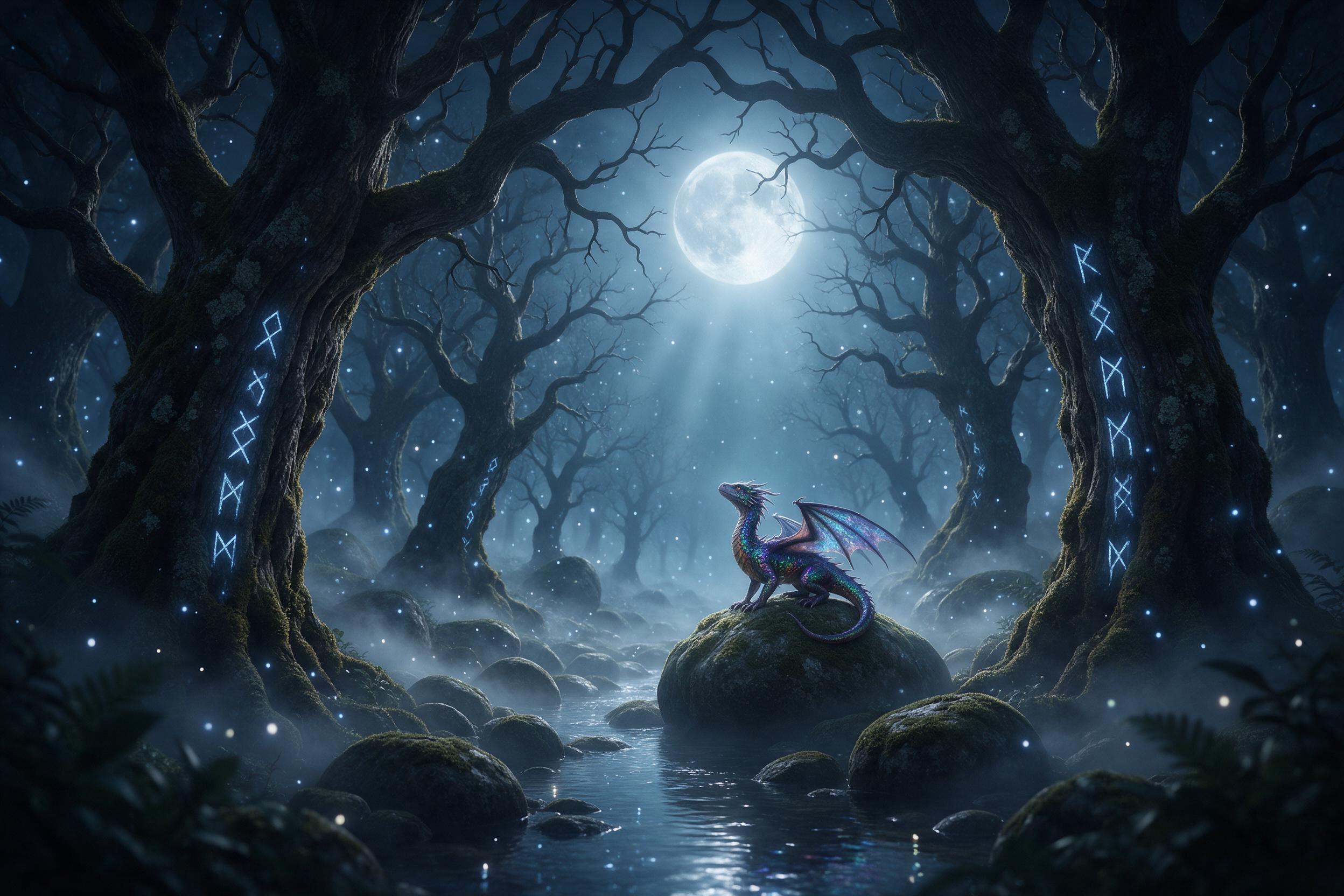 A misty forest clearing where ancient trees have glowing runes carved into their bark, a tiny dragon with iridescent scales perching on a mossy stone, soft silver moonlight filtering through canopy, fireflies floating like stars, ethereal atmosphere, mist swirling low, cinematic composition showing 