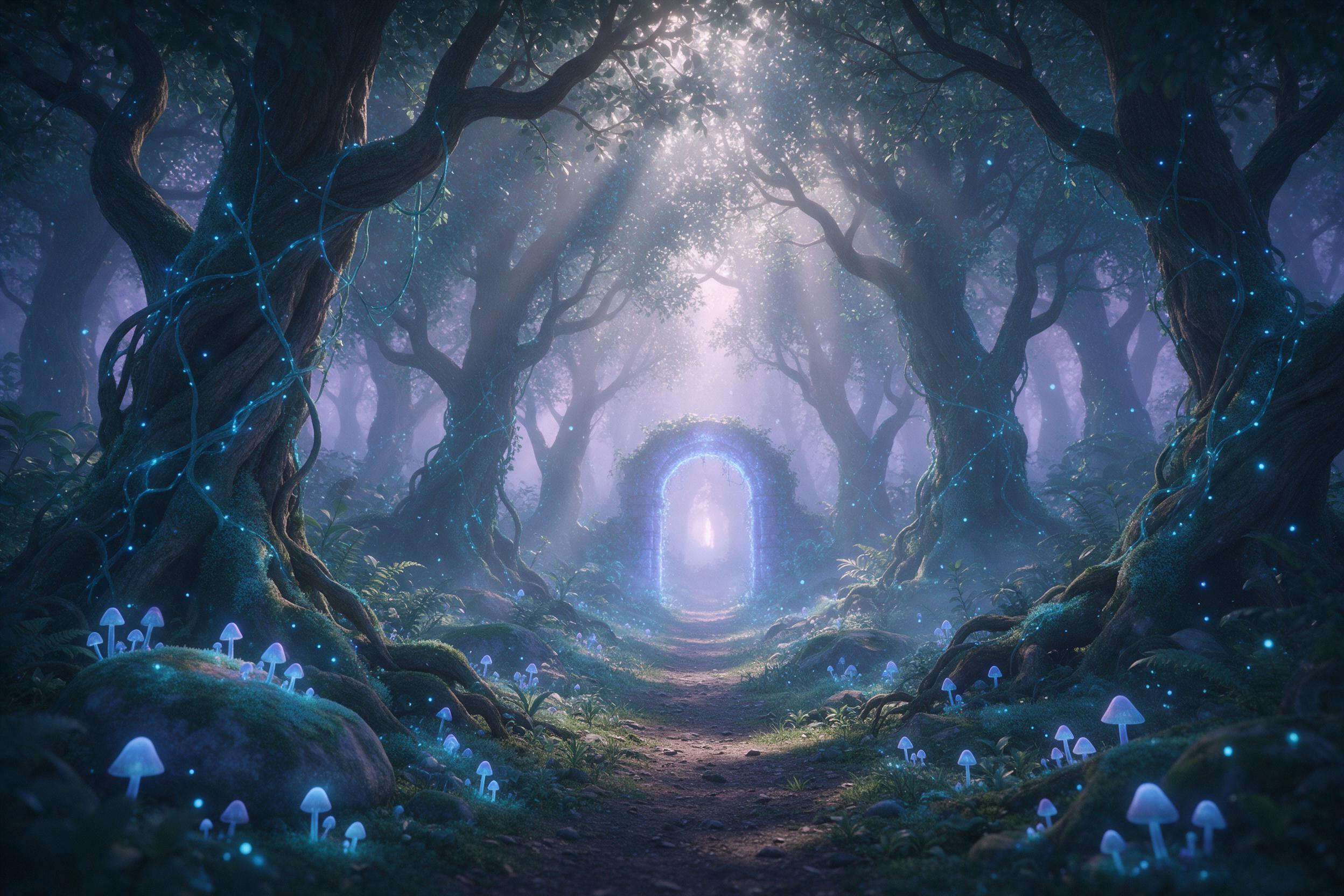 A misty ancient forest at dawn, gnarled trees entwined with glowing blue vines, a narrow path leading to a faint luminous archway, soft volumetric light filtering through canopy, small glowing mushrooms along mossy stones, ethereal atmosphere, subtle fog, cool color palette with teal and lavender ac