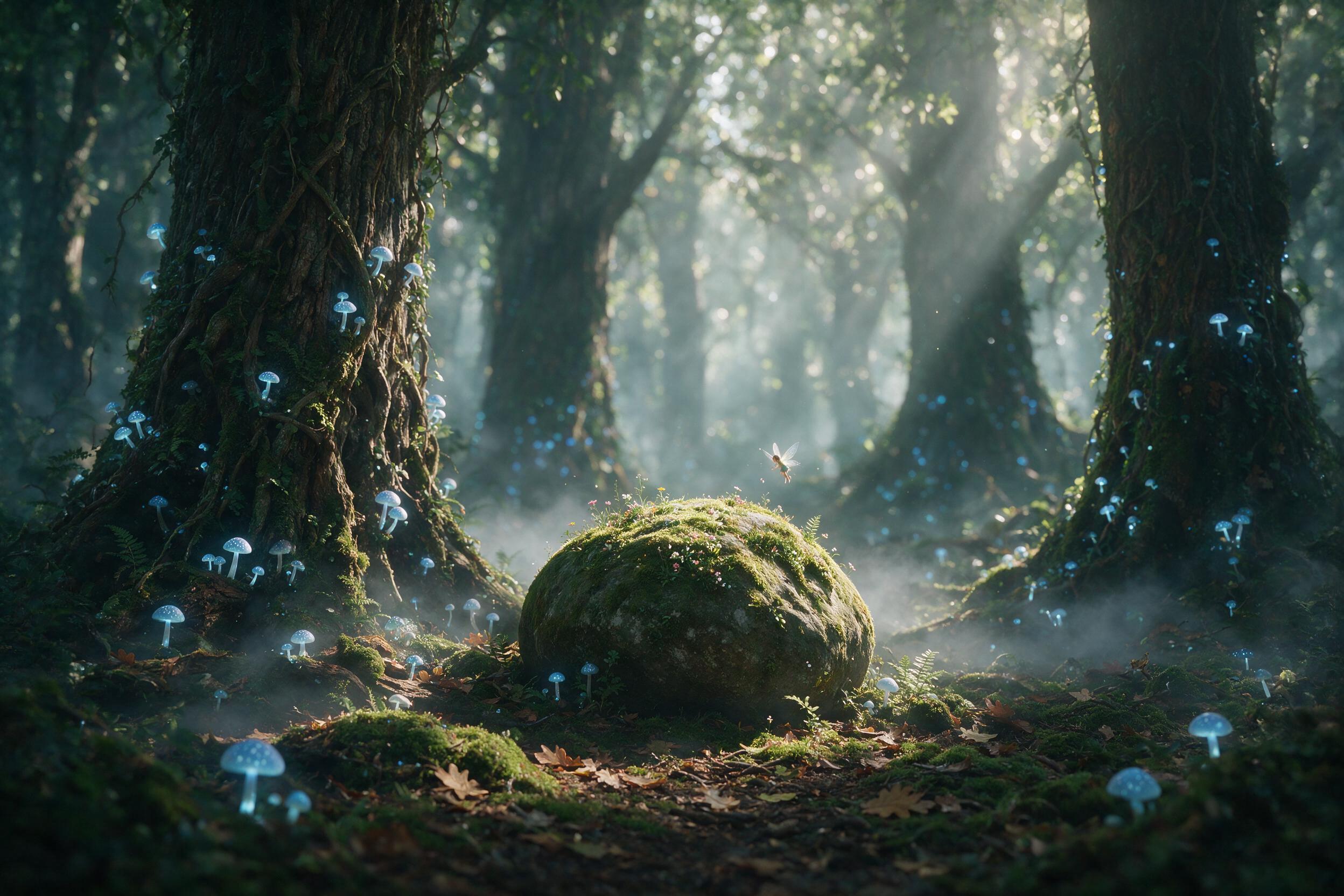 A misty forest at dawn, giant ancient trees with glowing blue mushrooms, a small fairy with translucent wings hovering near a mossy stone, soft god rays filtering through canopy, scattered bokeh, natural color palette, quiet magical atmosphere, shallow depth of field.