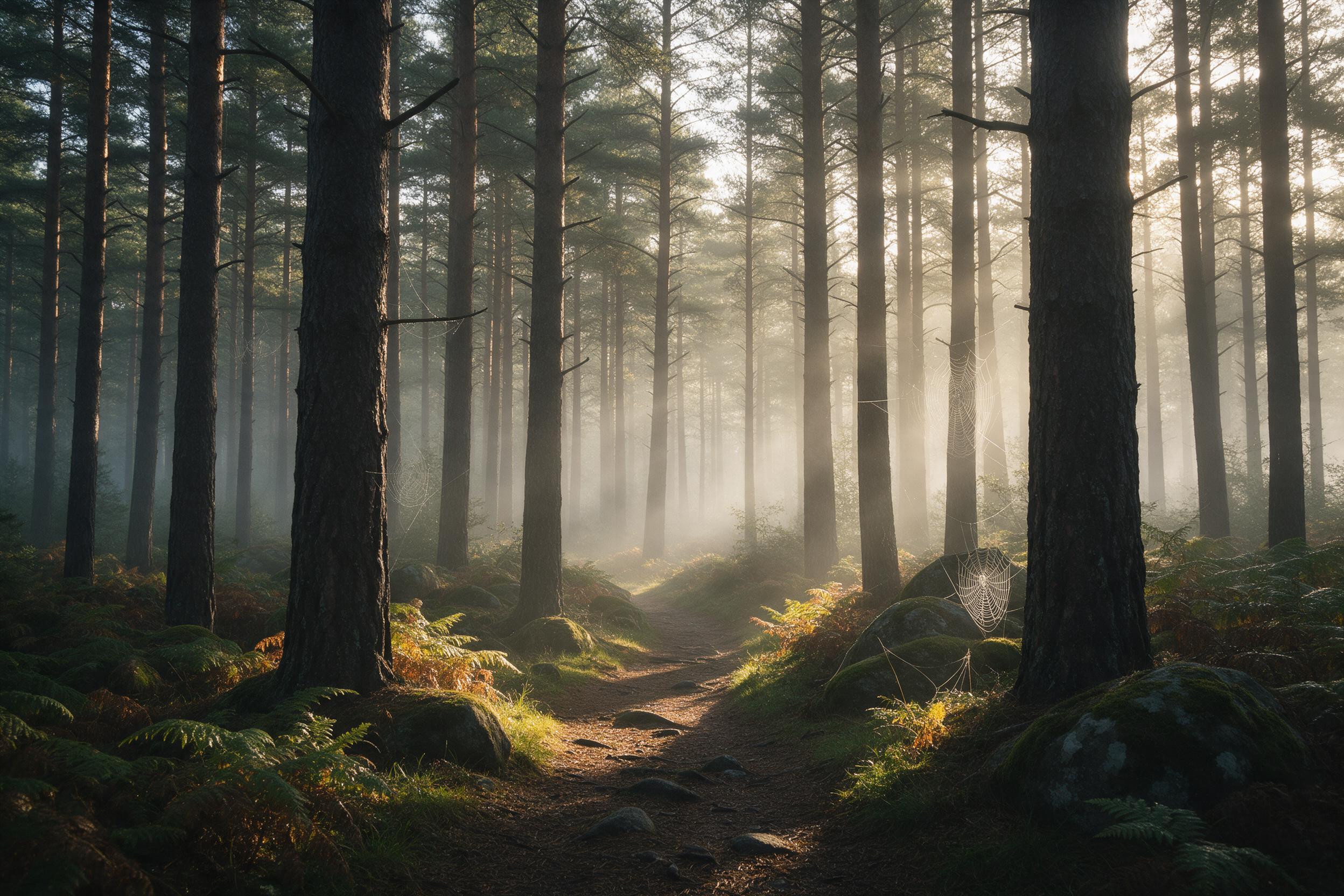 A misty morning in a dense pine forest, a narrow dirt path winding through towering trees, soft golden sunlight filtering through the canopy, illuminating scattered ferns and mossy rocks, gentle fog rolling between trunks, dew drops on spider webs, serene atmosphere, natural color palette with warm 