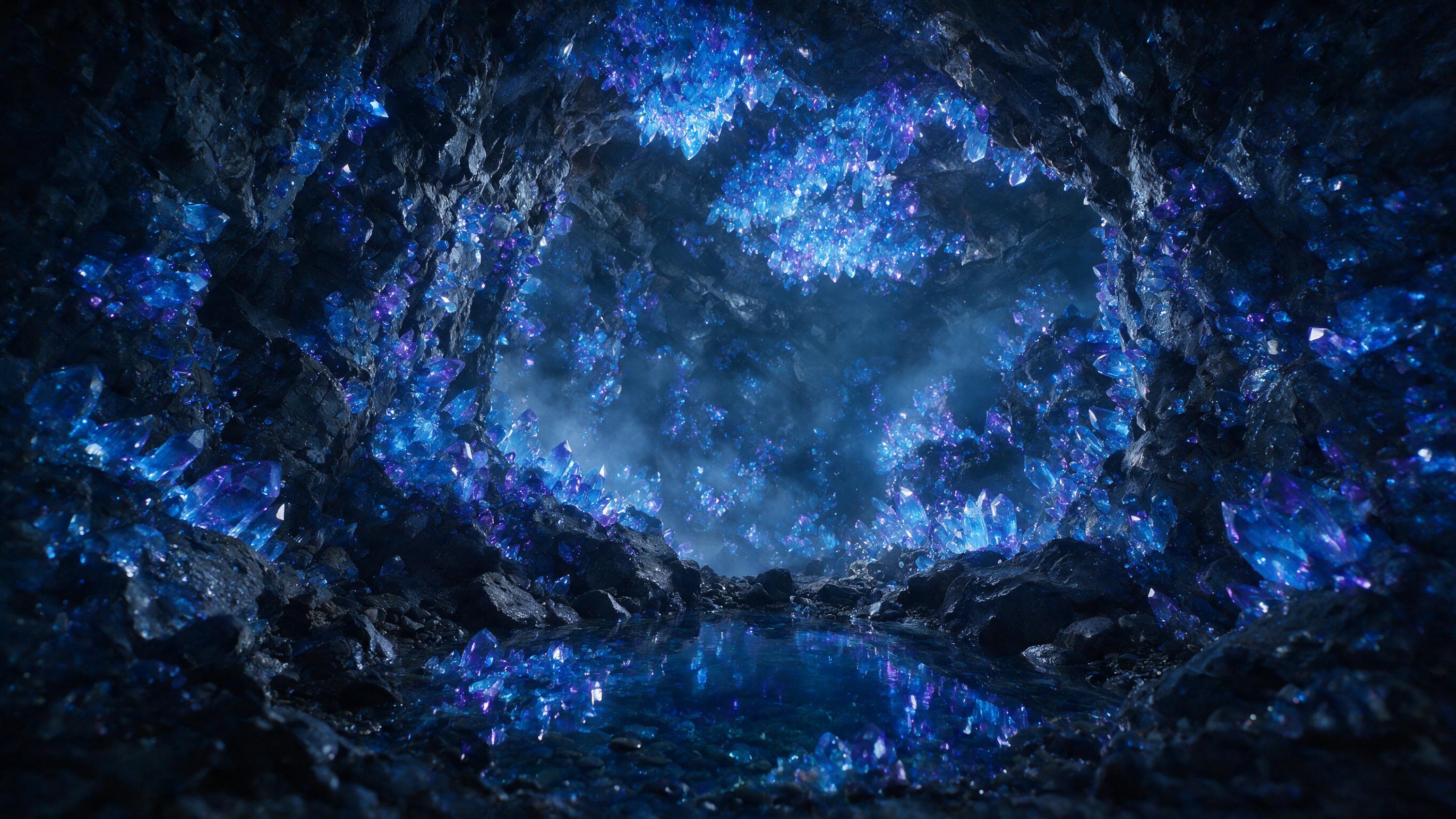 A luminous crystal cave deep underground, glowing blue and violet crystals embedded in dark rock walls, a small pool of clear water reflecting the light, gentle mist rising, soft ambient glow from within the crystals, shot from a low angle looking up through the cavern, natural bioluminescence, ethe