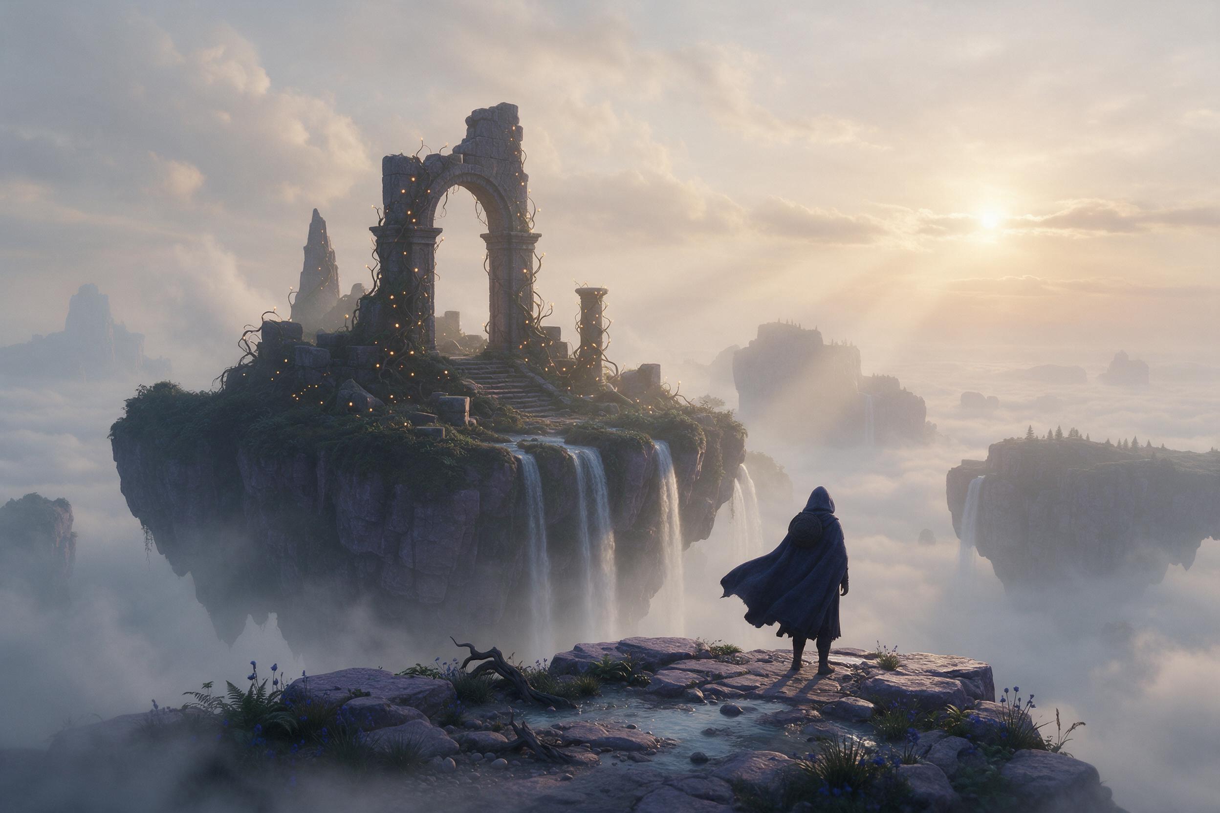 A misty dawn over a floating island, ancient stone ruins draped in glowing vines, waterfalls cascading into clouds below. Soft golden light filters through drifting fog, a lone figure in a flowing cloak stands at the edge overlooking the abyss. Composition: wide shot with layered depth, foreground m