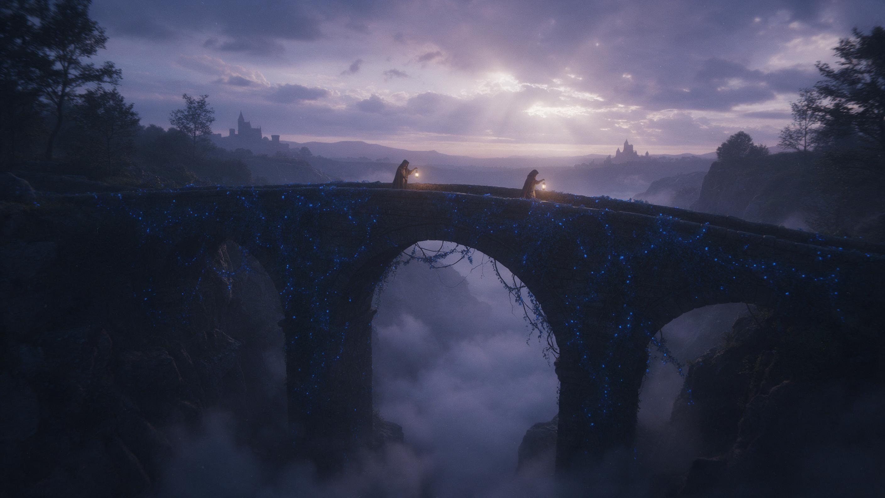 Ancient stone bridge over a misty ravine, overgrown with glowing blue vines, two hooded figures with lanterns crossing, fog rolling below, twilight sky with soft purple hues, distant castle silhouettes, light rays breaking through clouds, cinematic composition, subtle grain