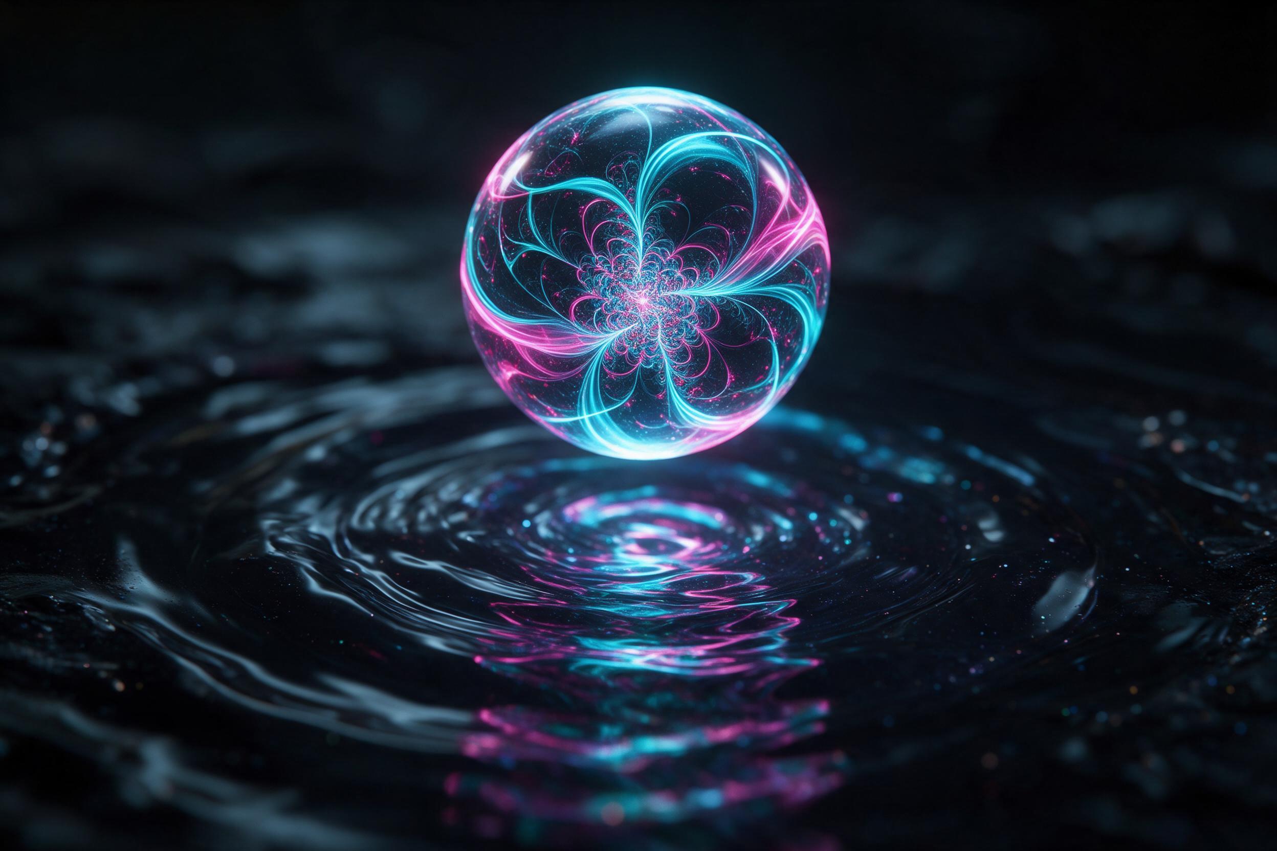 A single luminous orb hovering above a dark obsidian pool, casting ripples of iridescent light. Intricate geometric fractals bloom from the orb's core, intertwining with flowing ribbons of neon cyan and magenta. The scene is shot with a macro lens, shallow depth of field, focusing on the orb's textu
