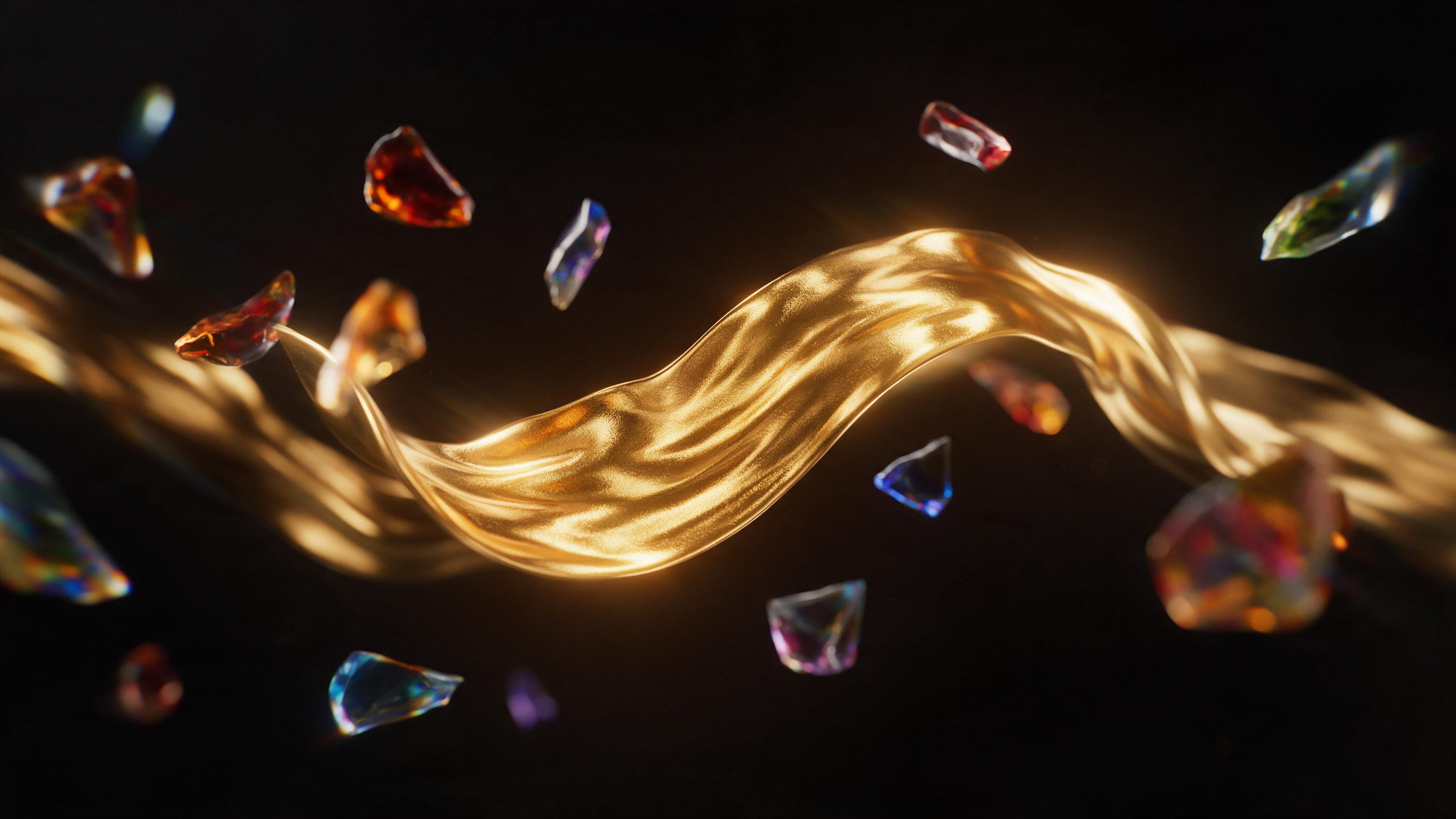 A flowing ribbon of molten gold suspended in a dark void, with translucent glass fragments orbiting it, each refracting a different color spectrum. Macro lens, sharp focus on the ribbon's surface texture, soft amber glow radiating outward, deep black background, subtle motion blur in the trailing ed
