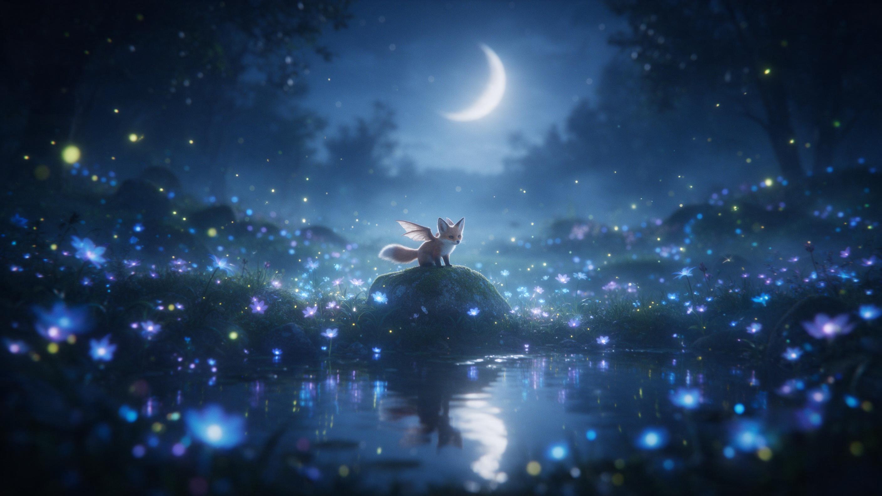 A moonlit forest clearing where bioluminescent flowers glow in soft blues and purples, a small winged fox perched on a mossy stone, fireflies drifting through misty air, gentle silver light from a crescent moon, reflections in a still pond, ethereal atmosphere with soft focus and subtle grain