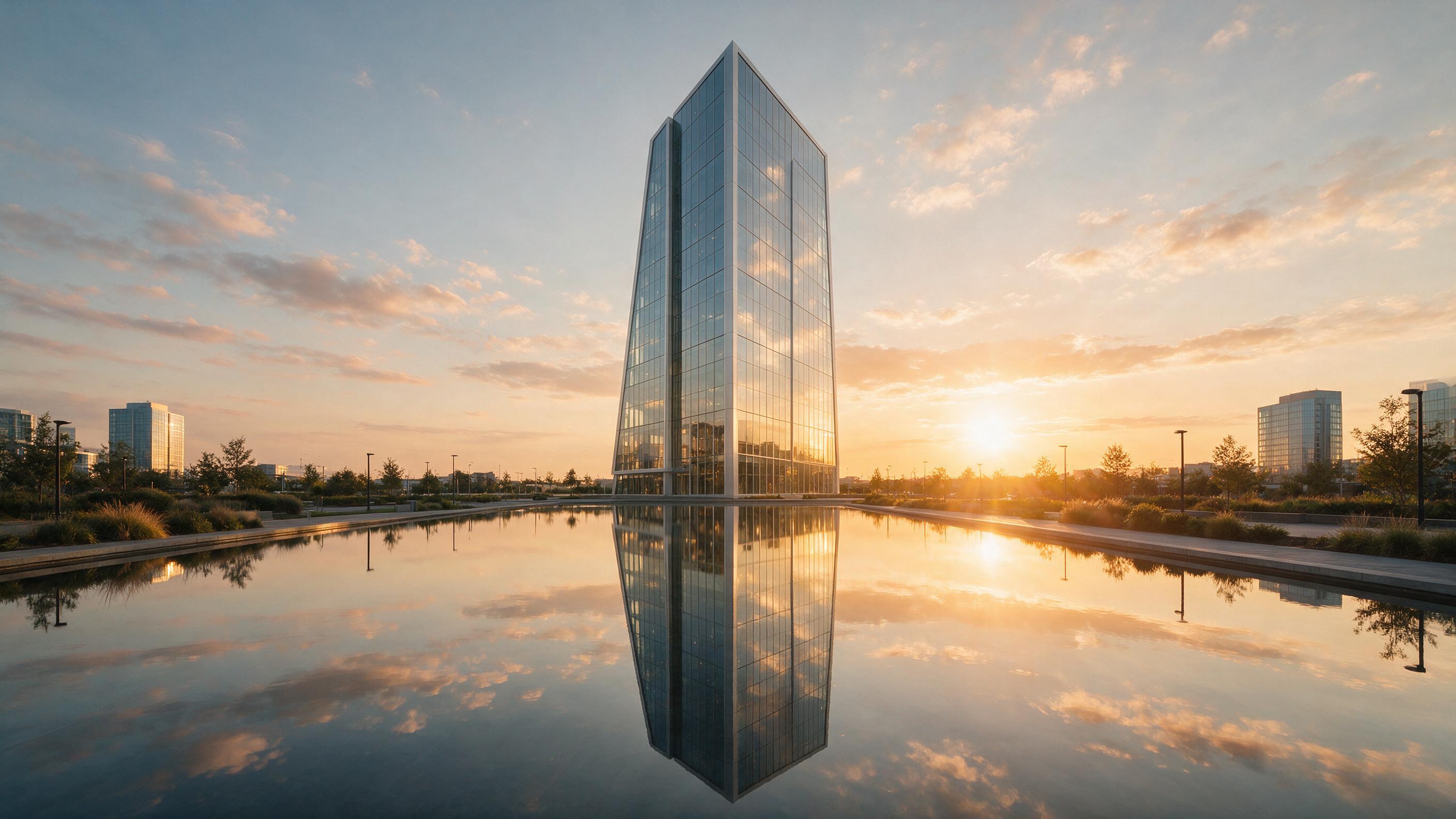 A minimalist glass and steel skyscraper at golden hour, its facade reflecting the warm orange sun. Foreground is a calm pond with a perfect mirror reflection. Light clouds drift in the sky. Slight lens flare, soft natural lighting, no people.