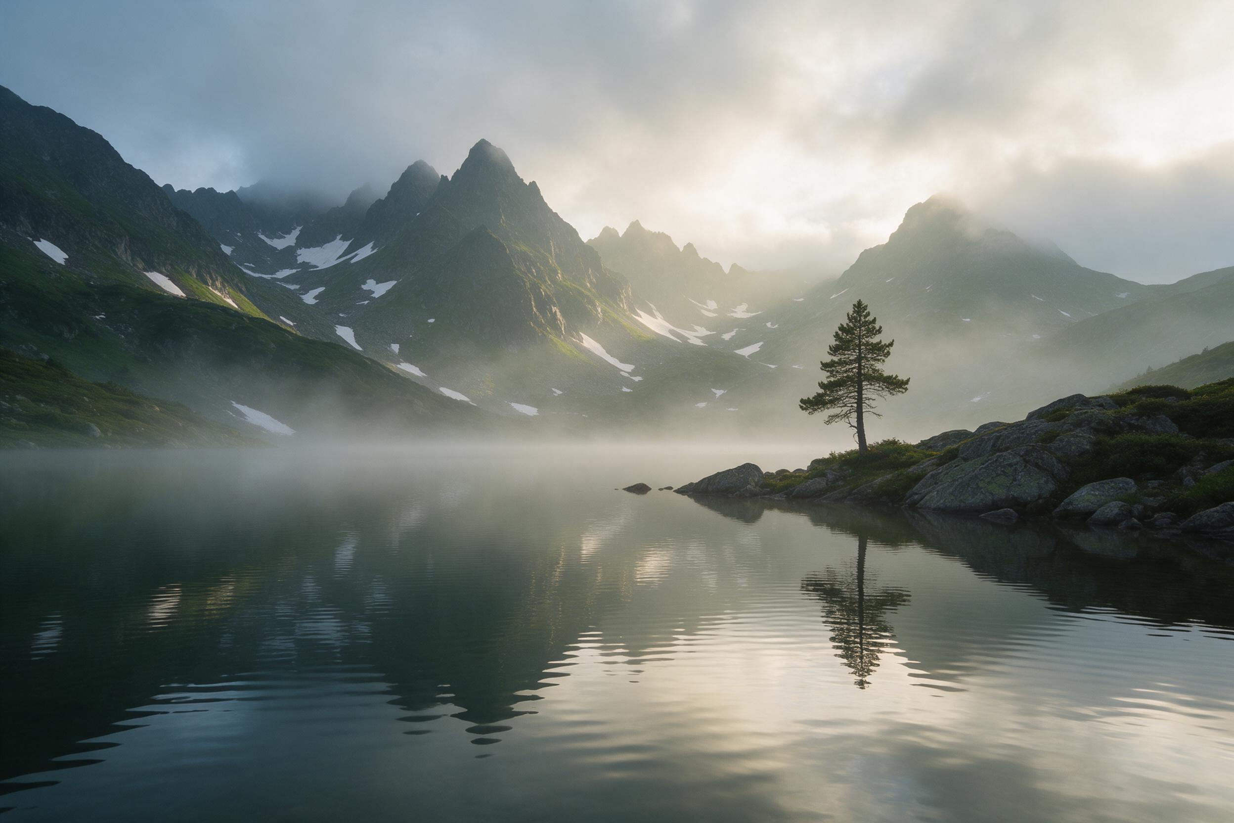 A misty mountain lake at dawn, calm water reflecting jagged peaks with patches of melting snow. Soft golden light breaks through low clouds, illuminating a lone pine tree on a rocky shore. Gentle ripples, serene atmosphere, minimal human impact. Natural color palette, muted greens and blues.