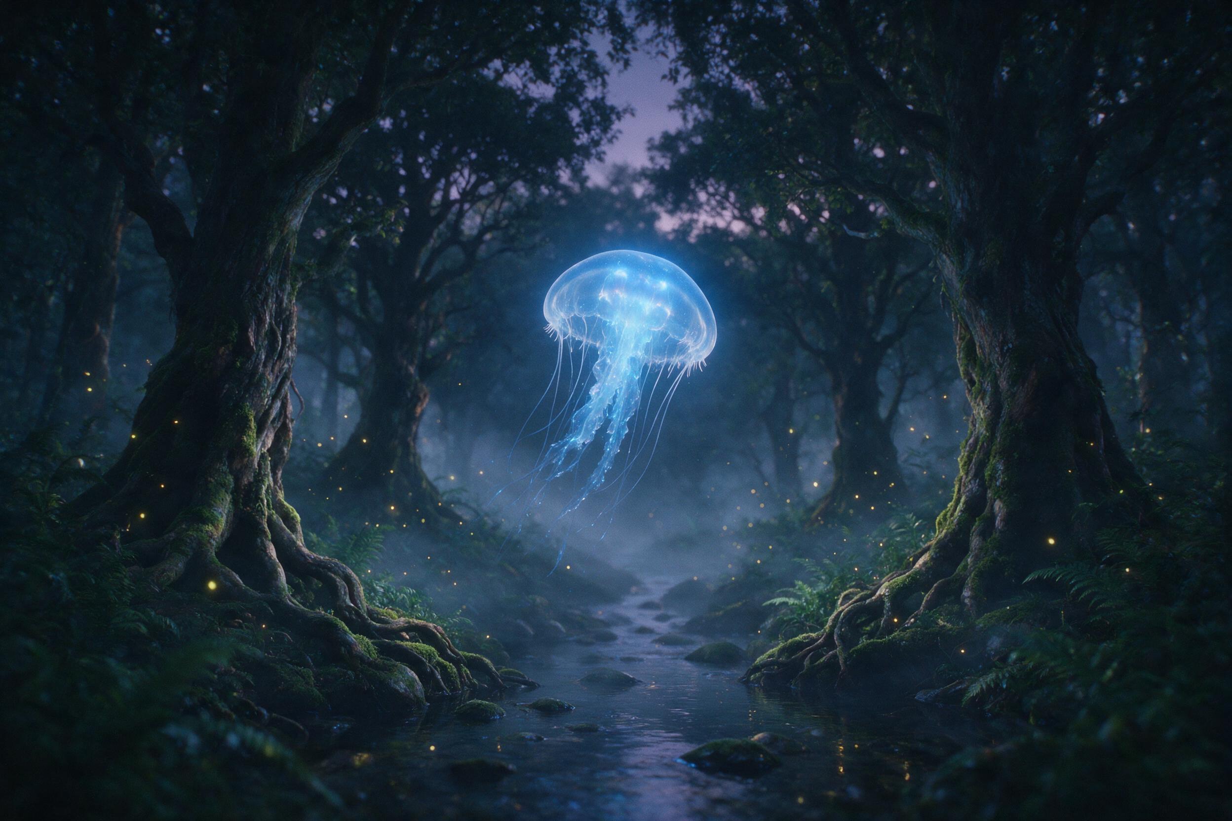A glowing, translucent jellyfish drifts through a twilight forest, its bell pulsing with soft bioluminescent blue light. Ancient trees with twisted roots line a misty stream, fireflies dotting the air. Cinematic composition, shallow depth of field, ethereal atmosphere, soft backlighting, grain 35mm 