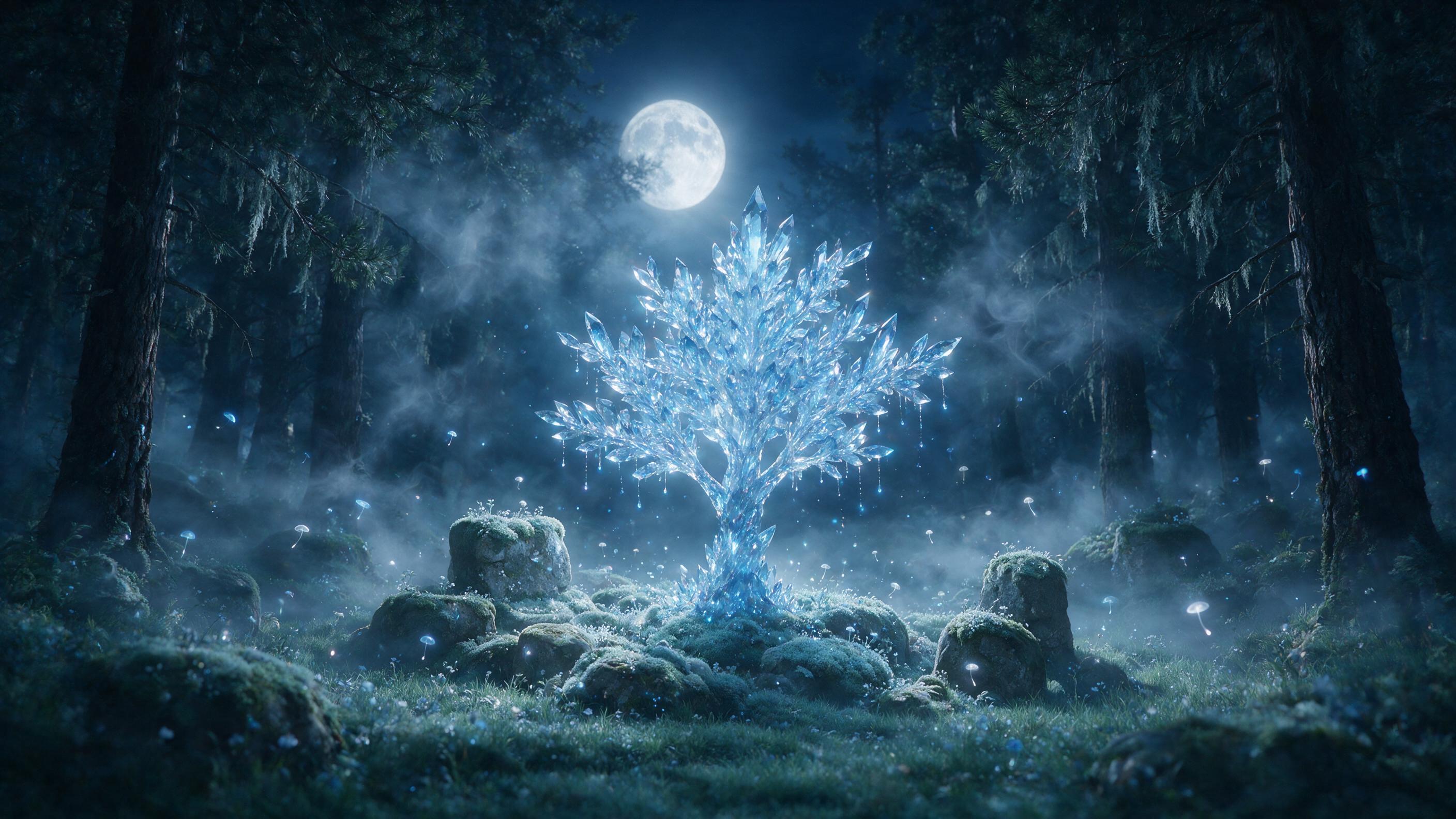 A misty moonlit glade with a luminous crystal tree, its branches dripping with soft blue light, surrounded by floating glowing spores and ancient mossy stones, ethereal atmosphere, gentle fog, cinematic wide shot, cold blue and silver palette, subtle lens flare