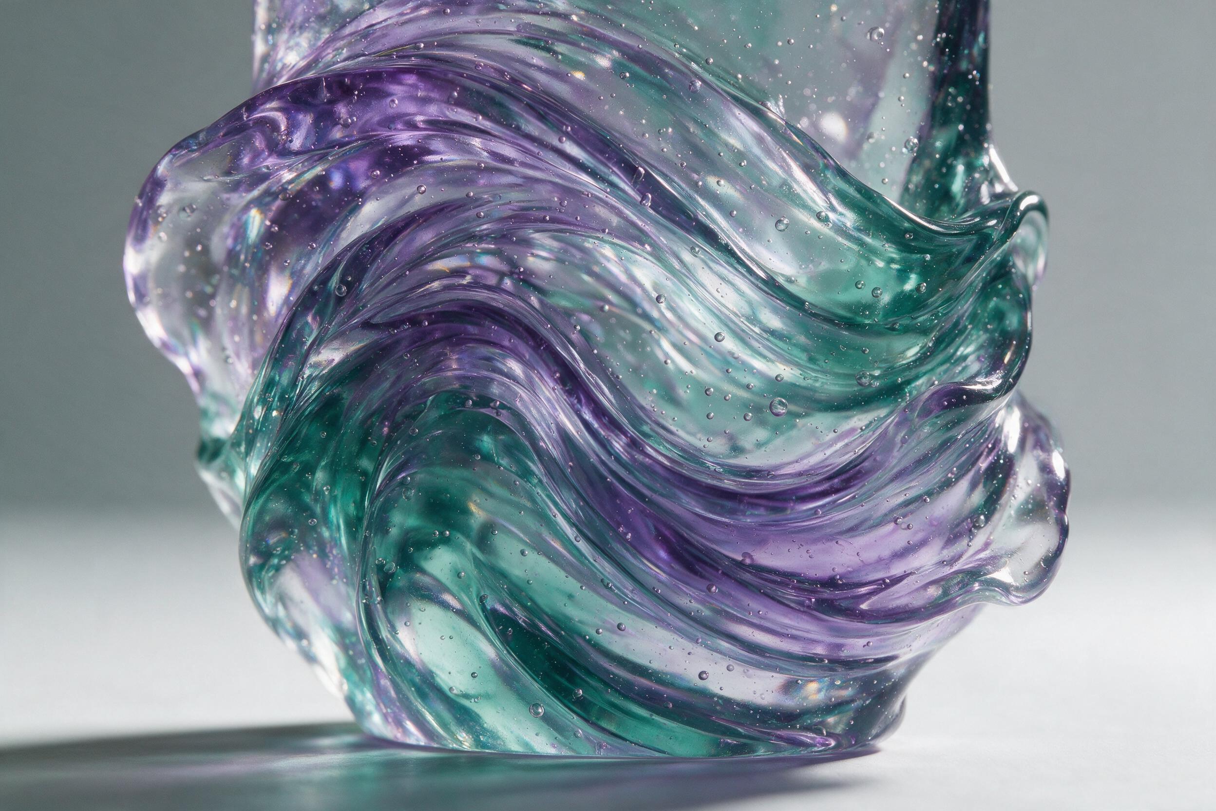 A macro shot of translucent resin waves frozen in a dynamic swirl, prismatic light refracting through layers of violet and teal, tiny air bubbles suspended mid-flow, soft studio lighting from the side, shallow depth of field, minimalist clean background, smooth tactile texture.