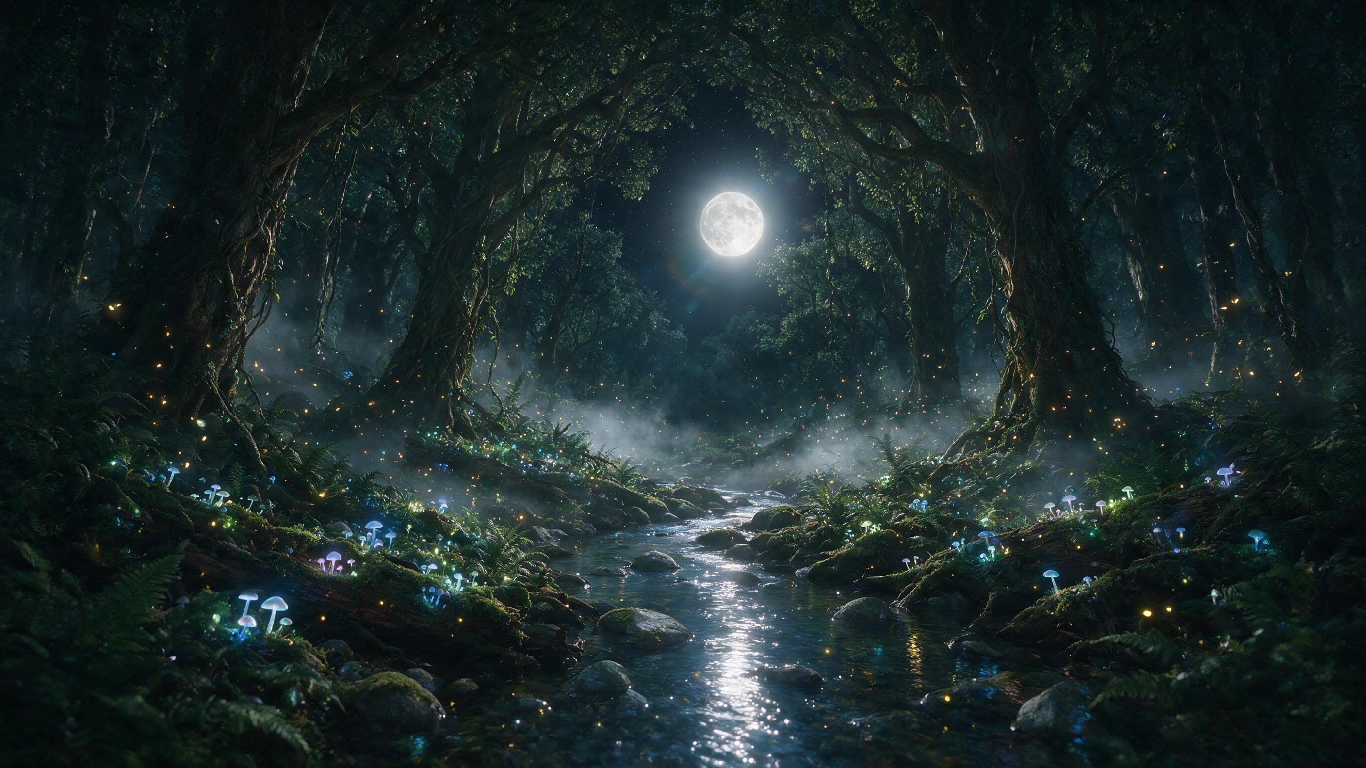 A moonlit forest with glowing mushrooms and floating fireflies, a gentle stream winding through, soft mist rising from the ground, dappled light filtering through ancient trees, ethereal and serene atmosphere, subtle lens flare.
