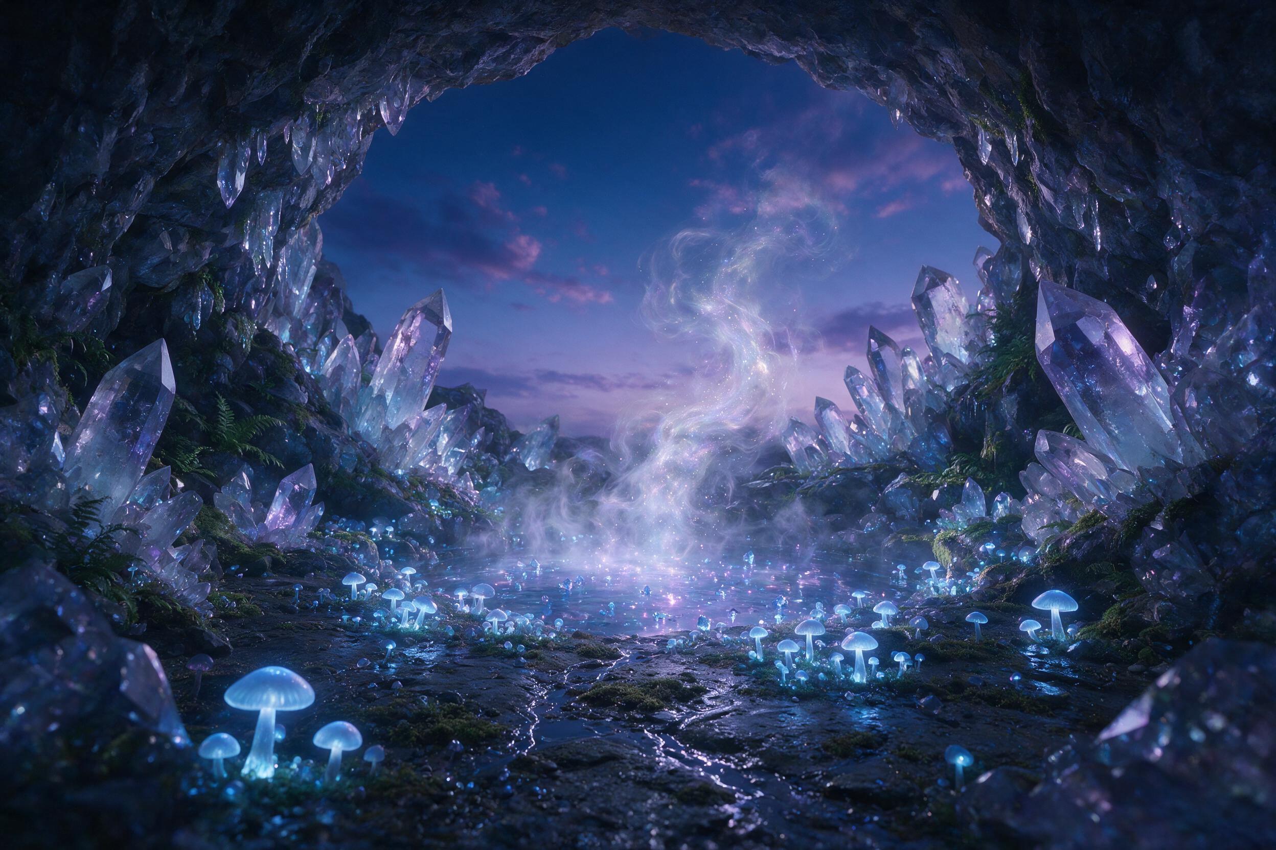 A luminous crystal cave beneath a twilight sky, glowing blue mushrooms dot the damp floor, a swirling mist of silver and violet rises from a hidden pool, soft bioluminescent light casts eerie shadows on jagged quartz walls, shallow depth of field, ethereal atmosphere, no harsh contrasts