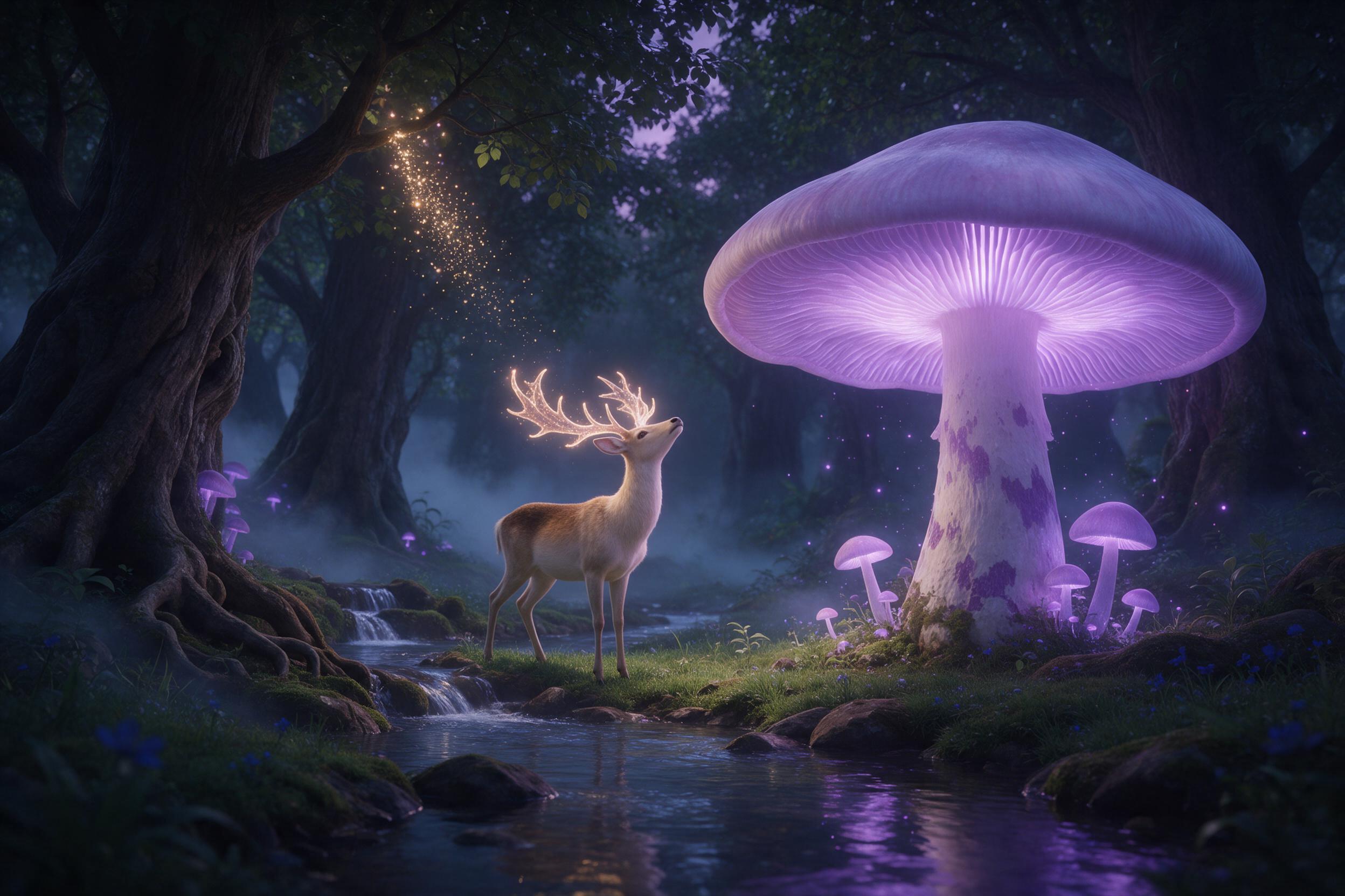 An enchanted forest clearing at twilight, where giant glowing mushrooms cast soft lavender light, a gentle stream reflects the shimmering canopy, and a lone deer with ethereal antlers looks upward, mist weaving between ancient gnarled roots, dreamy atmosphere, cinematic depth of field