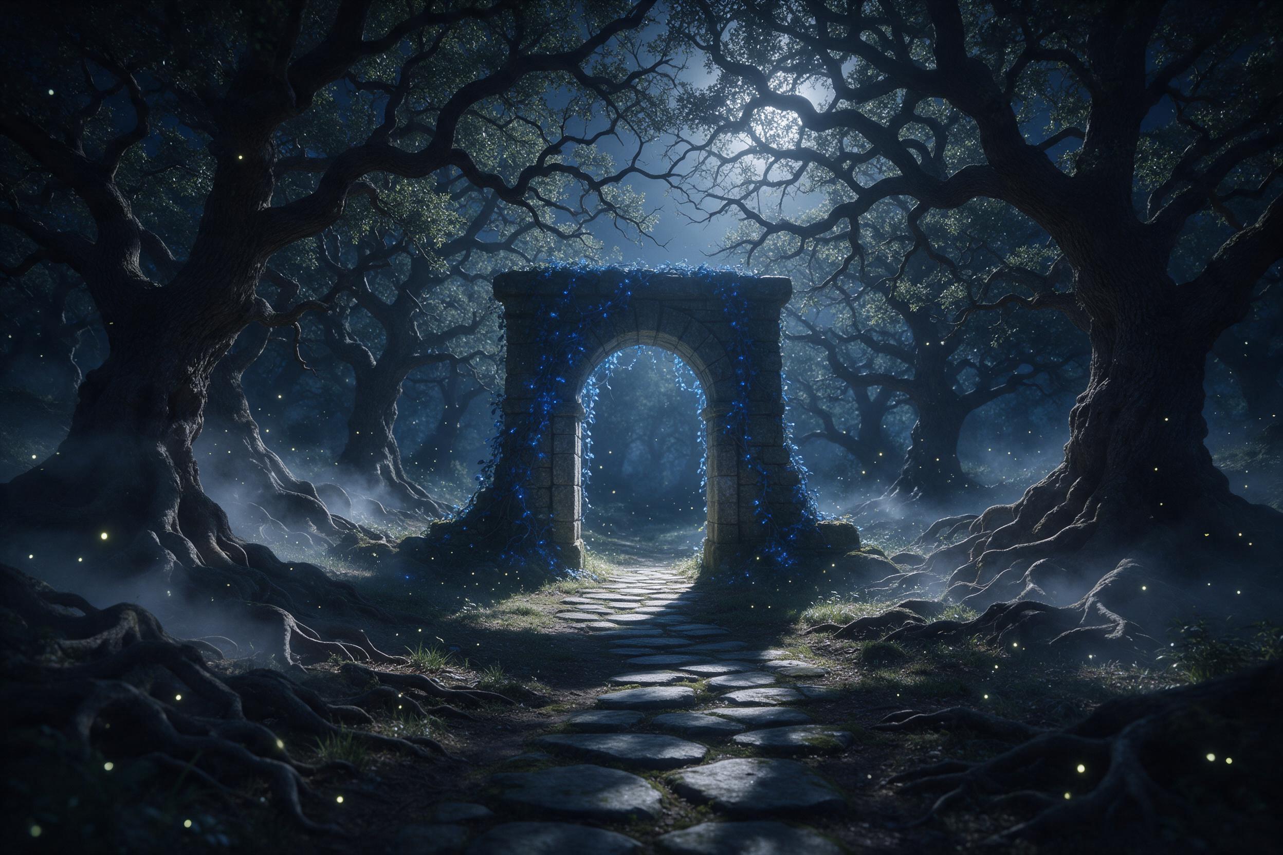 An ancient stone archway draped in glowing blue vines, standing in a moonlit forest clearing. Mist curls around gnarled oak roots, while tiny fireflies drift like living stars. Soft silver moonlight filters through tangled branches, creating dappled shadows. A winding path of mossy flagstones leads 