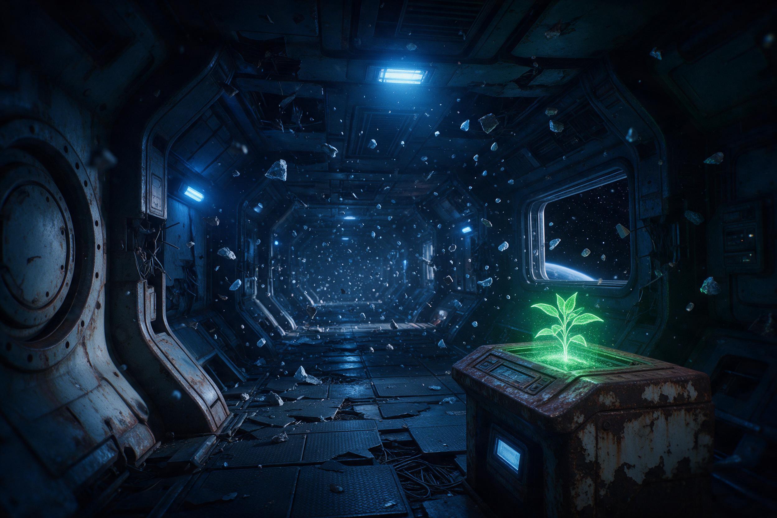 A derelict space station corridor, floating debris catching cold blue emergency light, a small holographic plant glowing green on a rusted console, dust motes in zero gravity, wide angle composition, cinematic atmosphere