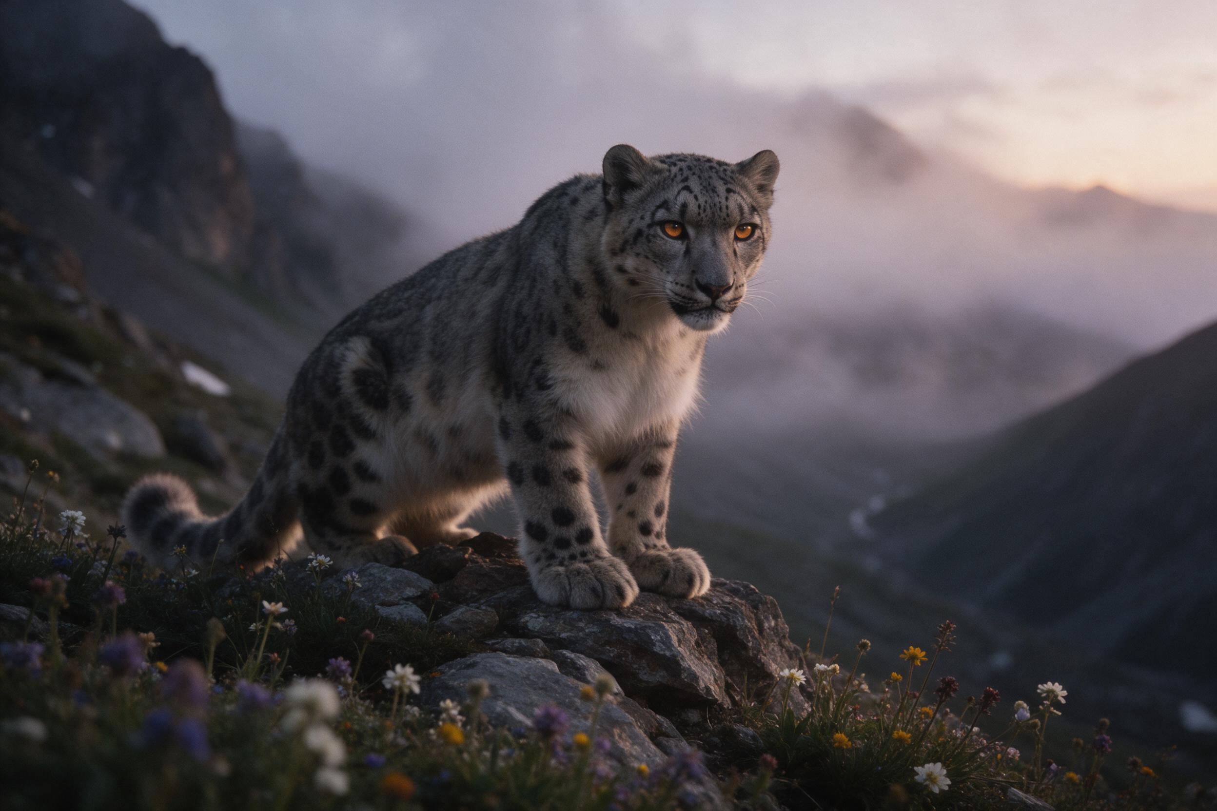 A snow leopard poised on a rocky outcrop at dusk, fur textured with fine detail, amber eyes catching the last light, misty valley below, alpine wildflowers in foreground, soft atmospheric haze, telephoto lens compression, natural muted color palette, slight film grain.