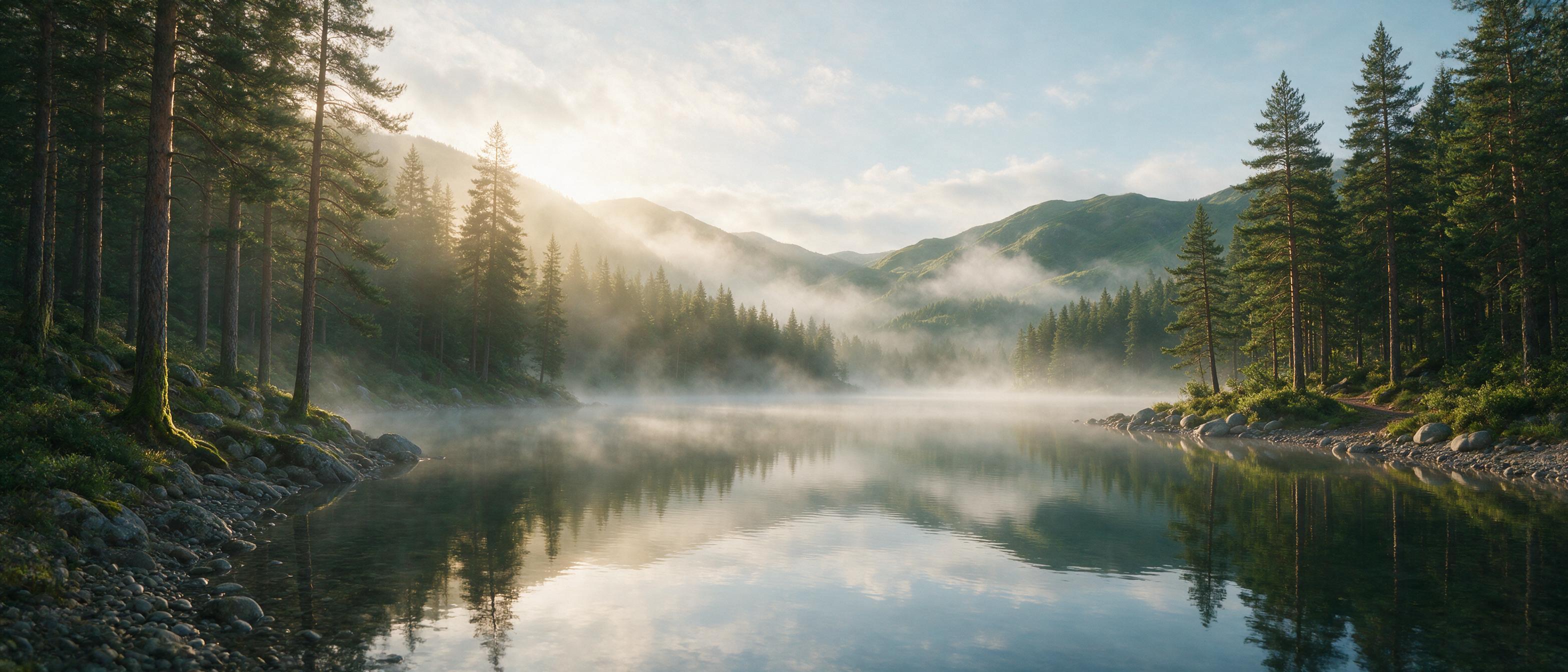 Misty morning over a still mountain lake, gentle golden sunlight breaking through pine trees, soft reflections on water, slight fog rolling between hills, peaceful atmosphere, wide landscape composition, natural green and blue tones