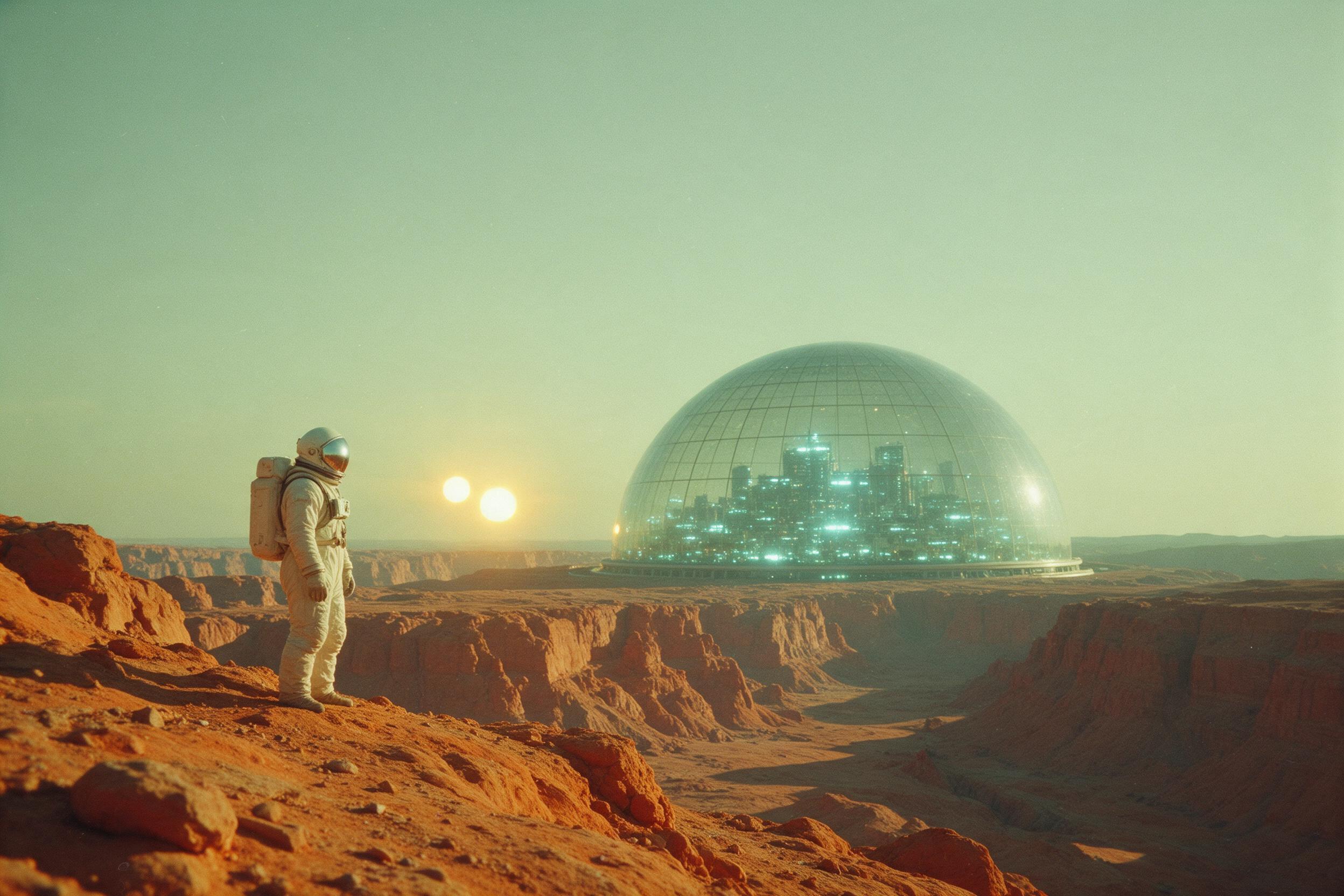 A lone astronaut stands on a windswept ridge of a rust-orange alien canyon, overlooking a colossal glass dome city glowing with teal lights under a pale green sky. Distant twin suns set, casting long shadows. Slight camera shake, grainy film texture, natural rim lighting.