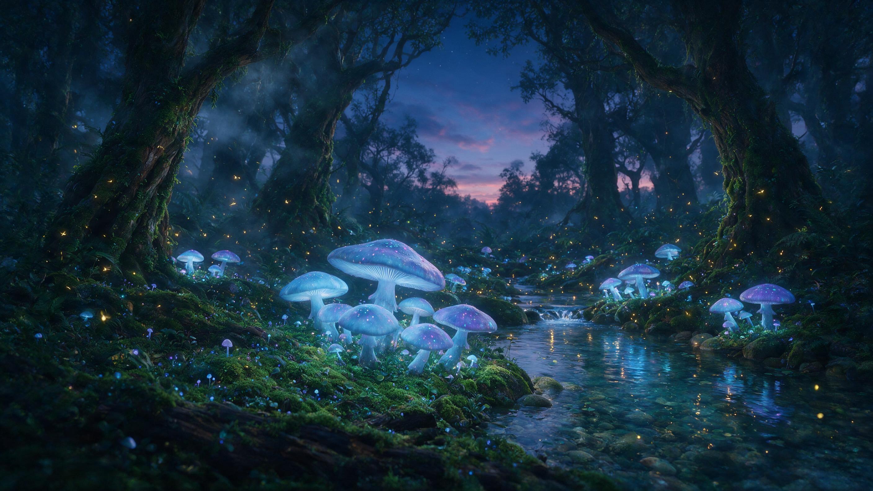 A bioluminescent forest at twilight, giant glowing mushrooms casting soft blue and violet light, mist weaving between ancient twisted trees, a small crystal-clear stream reflecting the glow, fireflies adding warm golden sparks, ethereal atmosphere, shallow depth of field, cinematic composition focus
