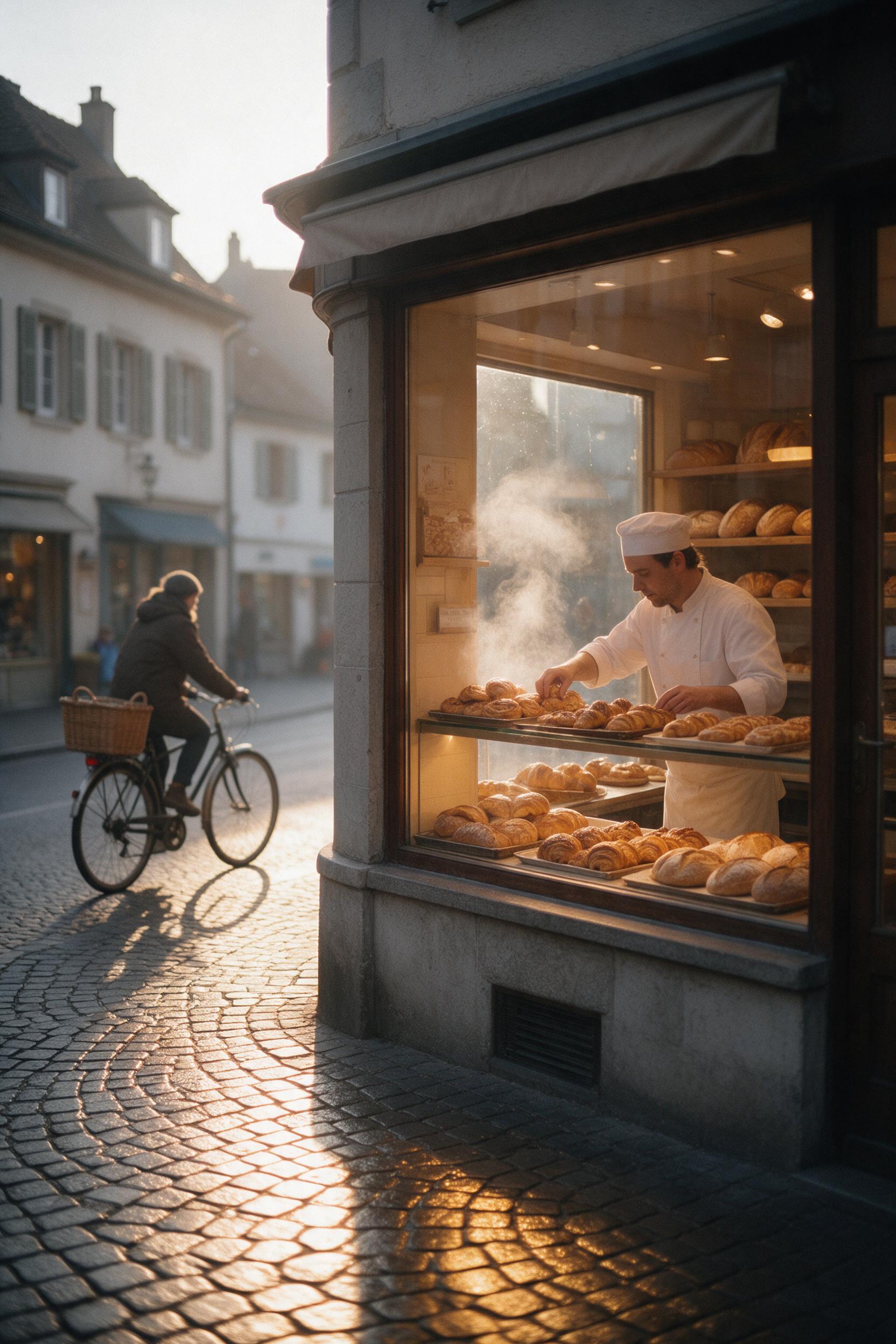 An early morning street in a quiet European town, cobblestones glowing with warm golden light from a corner bakery, steam rising from fresh bread, a cyclist passing by with a wicker basket, soft focus and gentle film grain, shallow depth of field emphasizing the baker arranging pastries in the windo