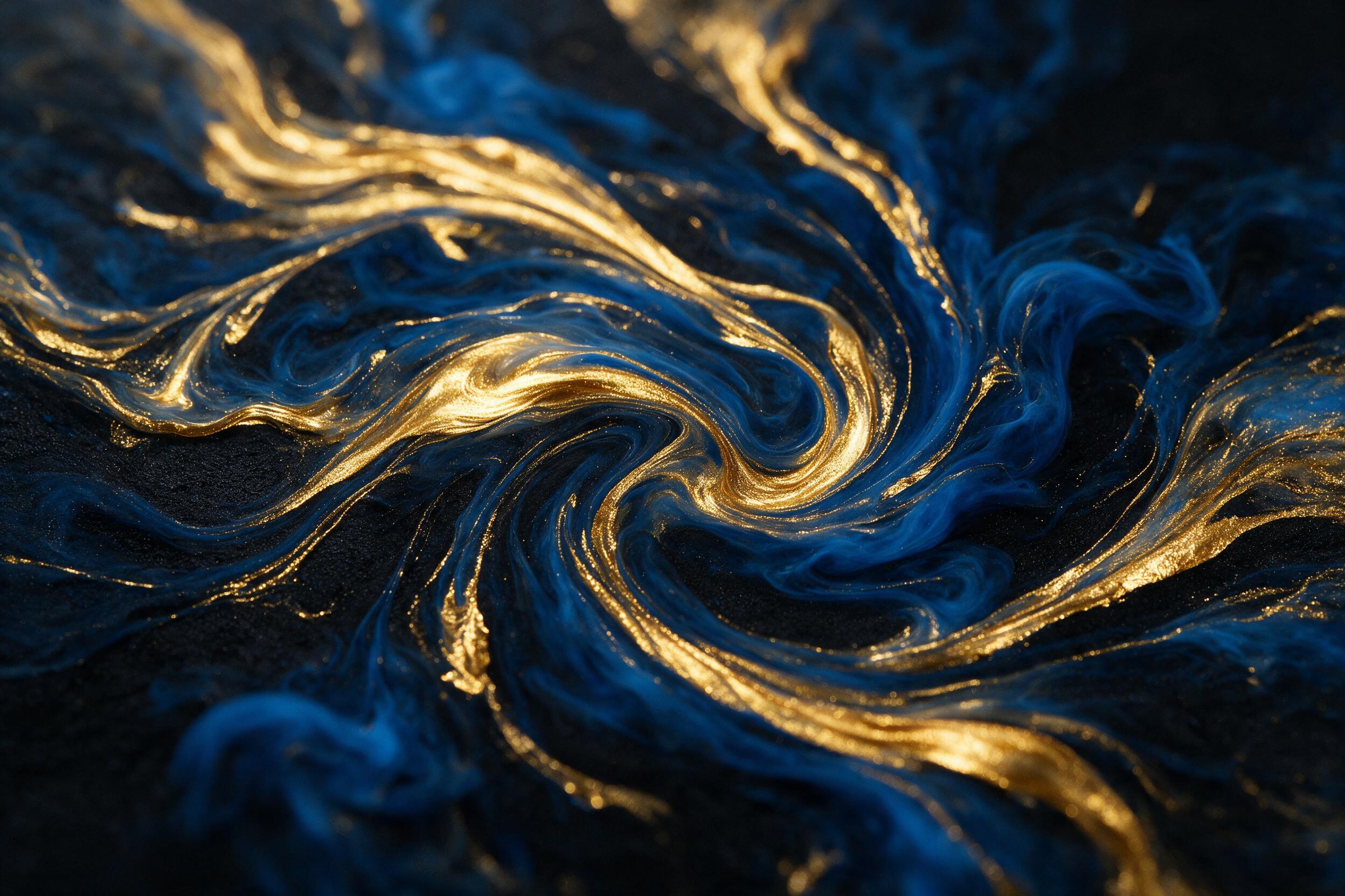 Molten gold and deep blue ink swirl together in a slow, hypnotic dance on a black surface, soft studio lighting creating a high-contrast, organic marble-like texture, minimal reflections, shot with a macro lens at f/2.8, slight grain, no sharp edges or harsh lines.
