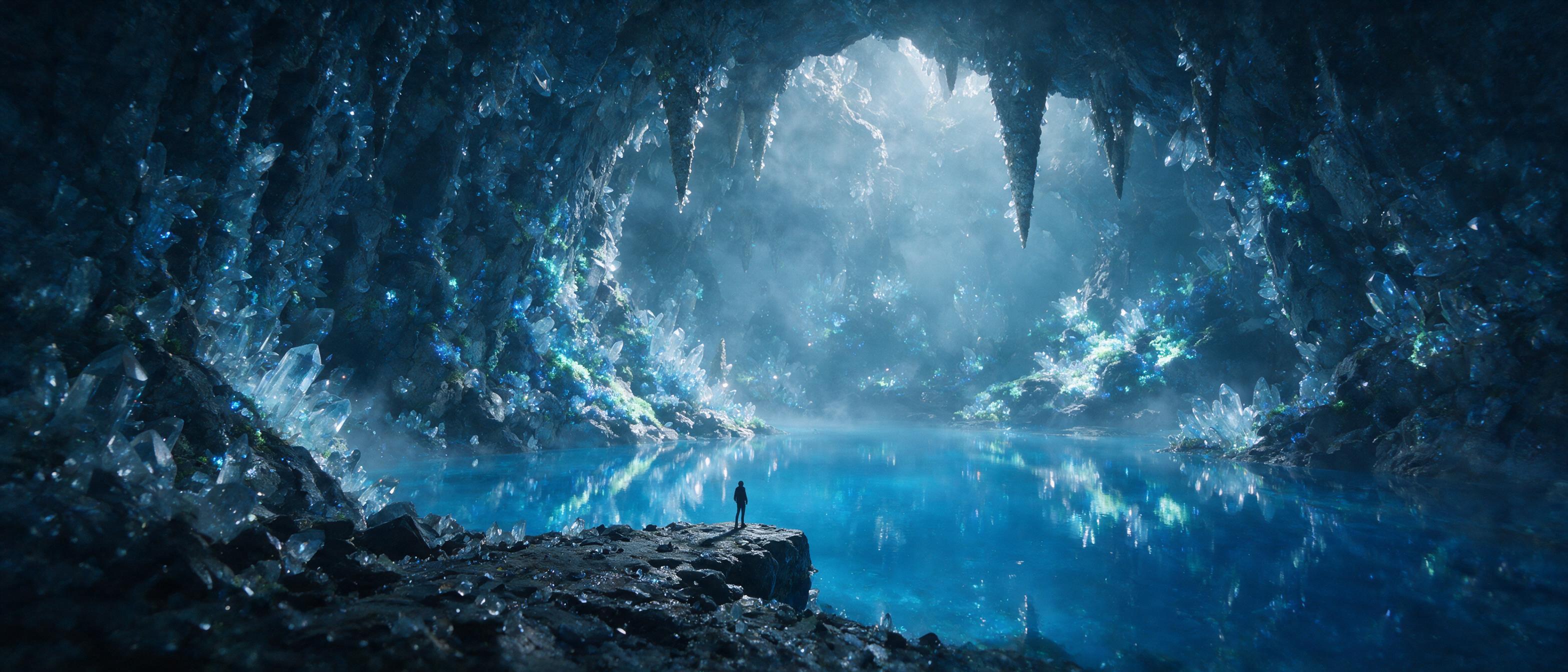 A luminous crystal cave deep underground, bioluminescent moss clinging to jagged walls, a glowing blue pool reflecting stalactites, soft mist rising, ethereal light beams piercing through crevices, dreamy atmosphere, cinematic composition with a lone figure in silhouette standing on a rocky ledge.