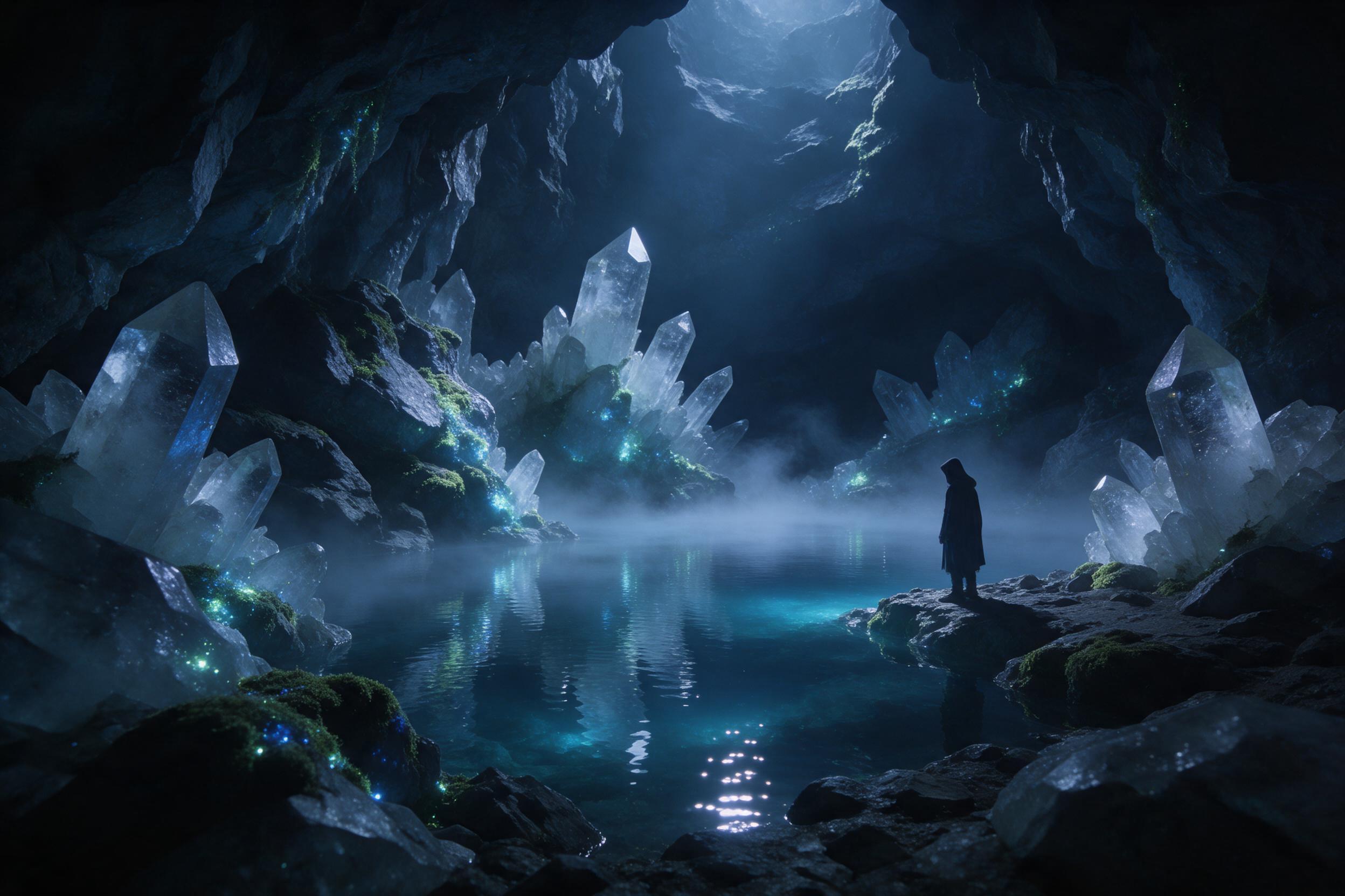 A moonlit crystal cavern with a glowing underground lake, bioluminescent moss casting soft blue-green light on jagged quartz formations, a lone hooded figure standing on a rocky shore, reflection shimmering in still water, ethereal mist drifting, cinematic wide-angle composition, cool color palette 