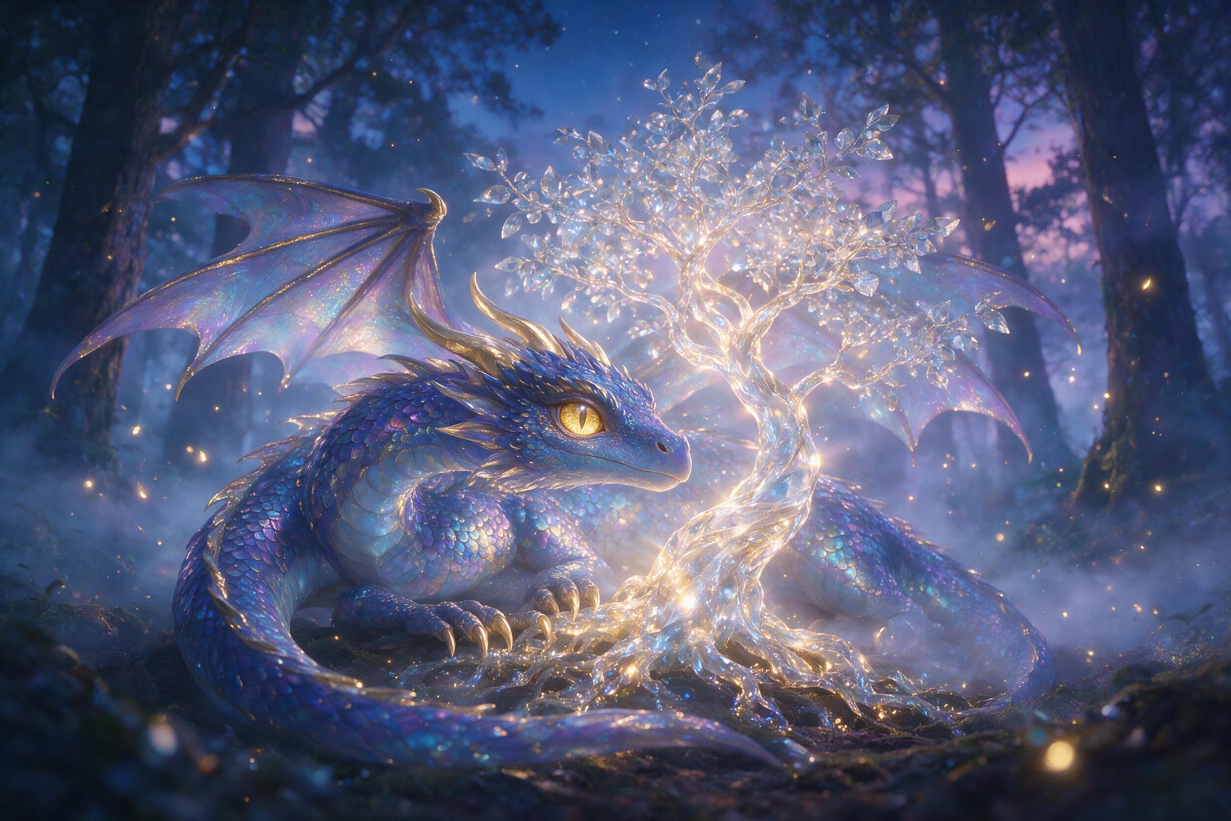 A glowing, iridescent dragon curled around a crystalline tree in a misty twilight forest, with tiny floating lights like fireflies, soft blue and purple hues, ethereal atmosphere, depth of field focusing on the dragon's eye, slight lens flare from the glowing tree.
