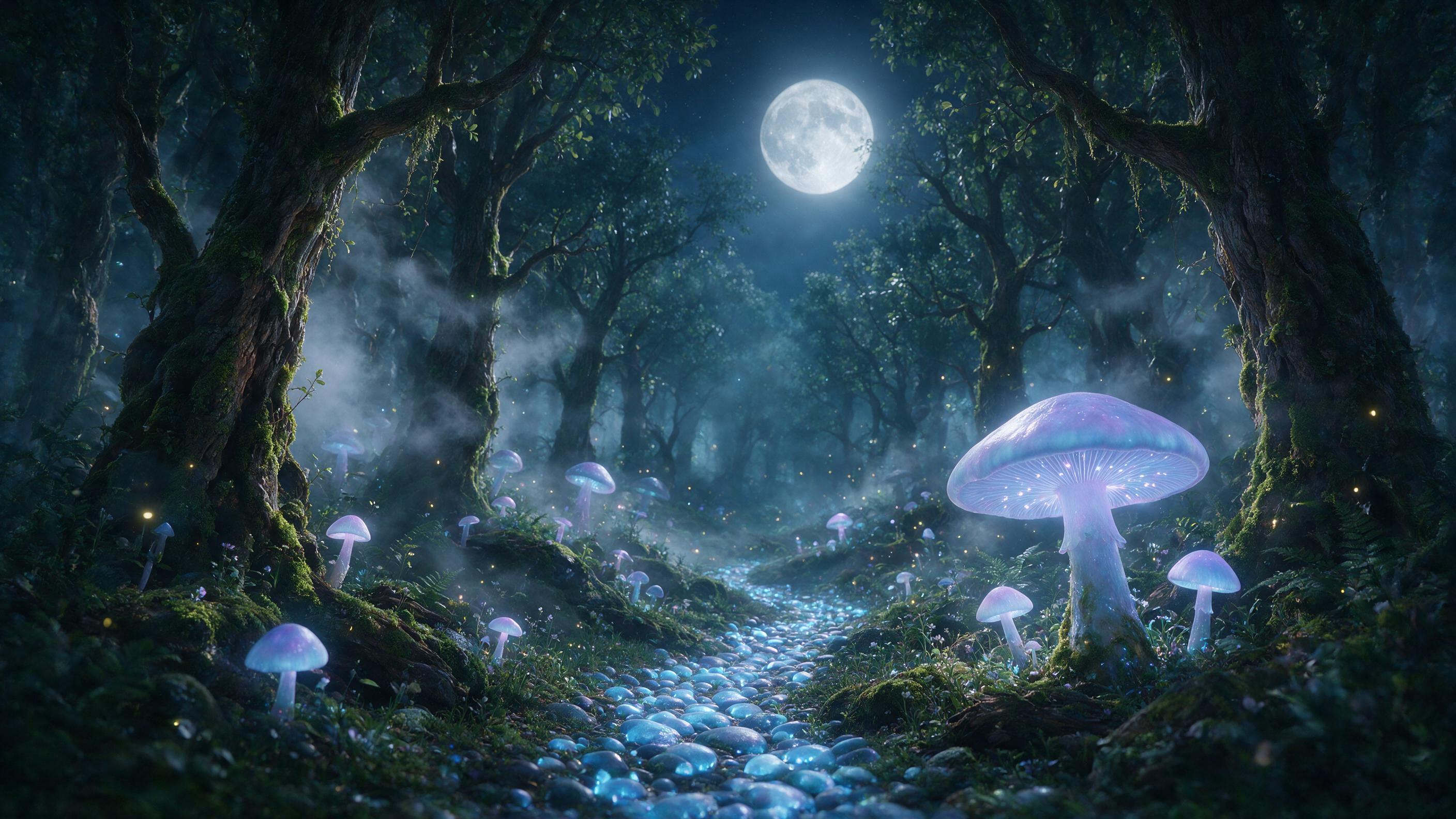 A moonlit enchanted forest with towering luminescent mushrooms casting soft blue and violet glow, a winding path of glowing pebbles, mist curling between ancient trees, fireflies drifting like tiny lanterns, gentle fog, cinematic depth, sharp focus on foreground mushroom, dreamlike atmosphere