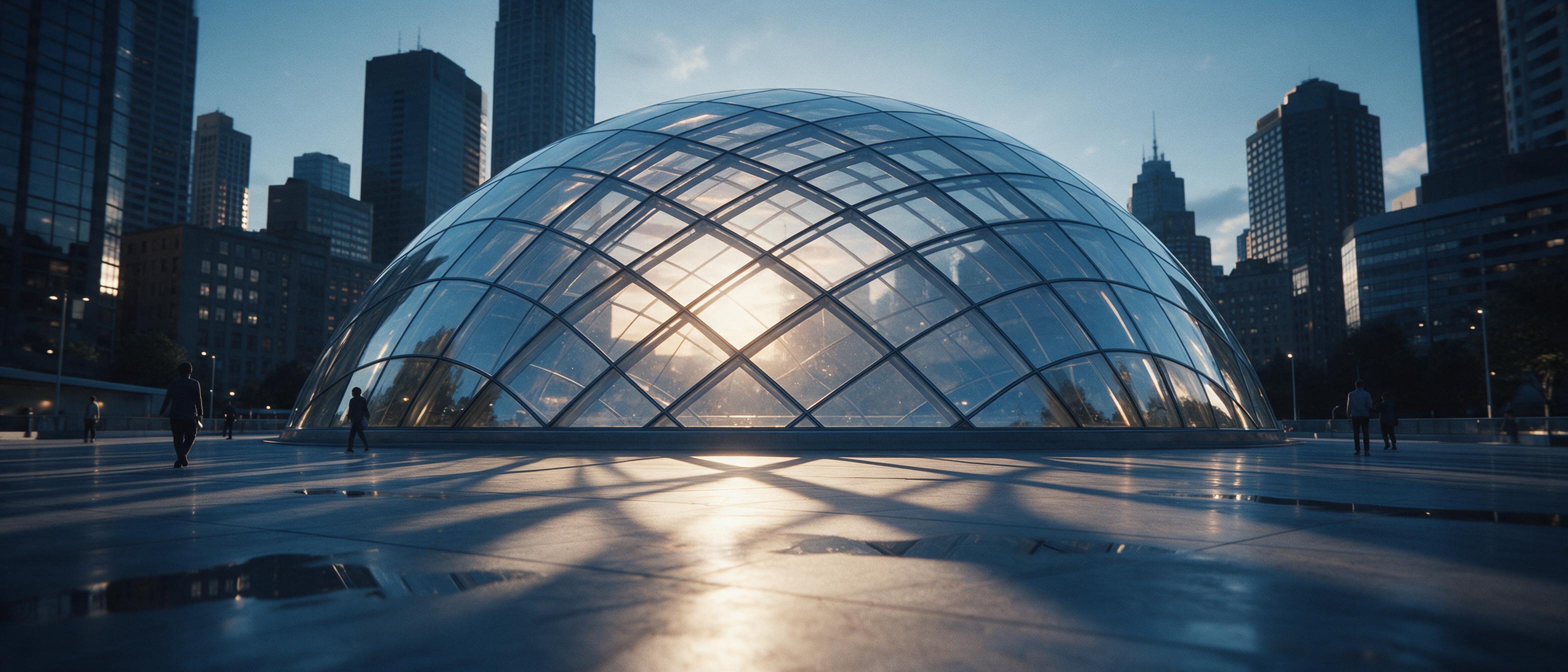 Looking up at a futuristic geodesic glass dome structure in a dense urban setting, its curved panels reflecting warm sunset light against cool blue sky. Long shadows stretch across a reflective plaza with subtle puddle reflections, minimal pedestrians, clean lines, cinematic wide-angle composition