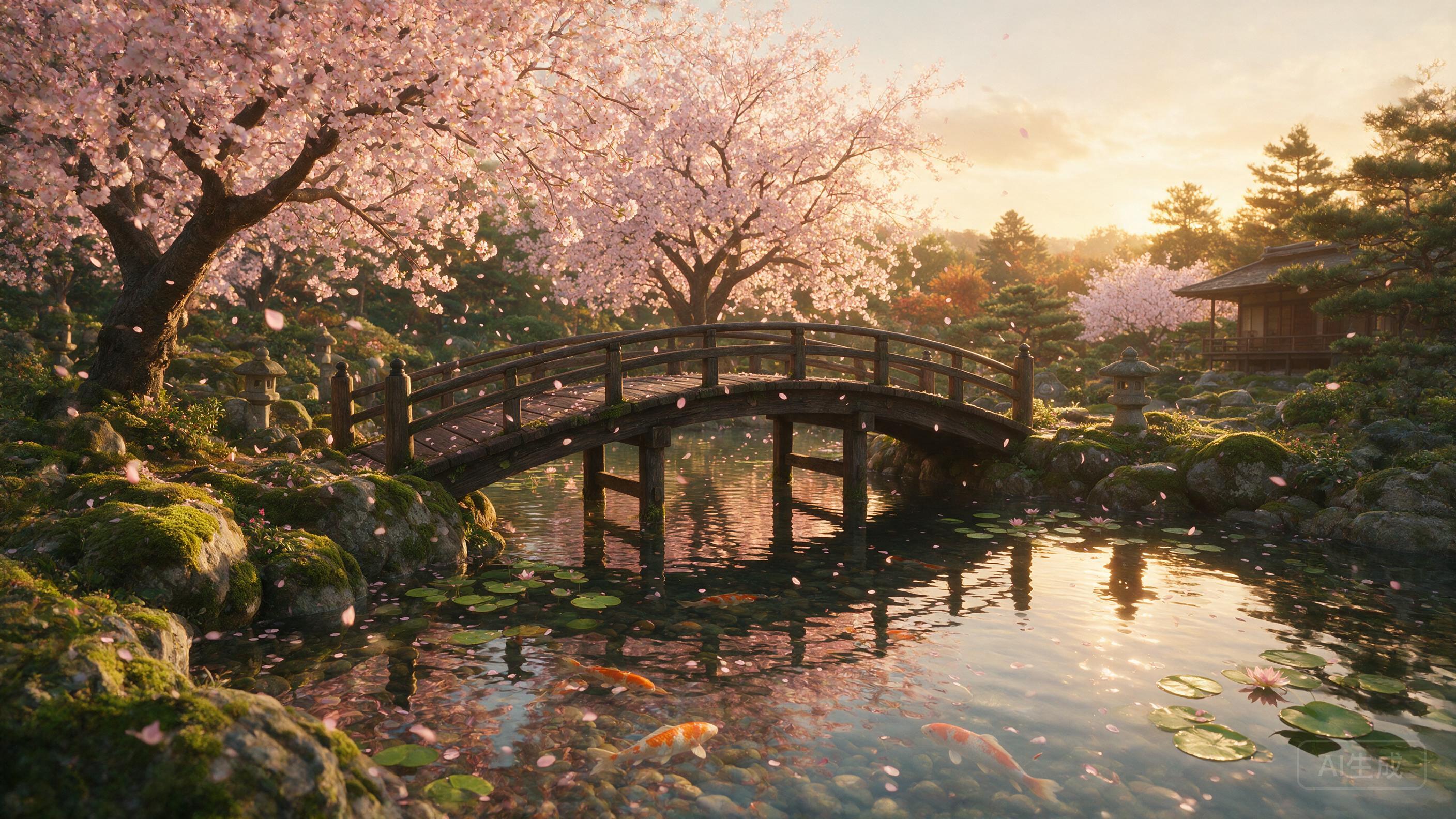 A serene Japanese garden at golden hour, cherry blossoms falling, koi pond reflecting warm light, digital art, 8K