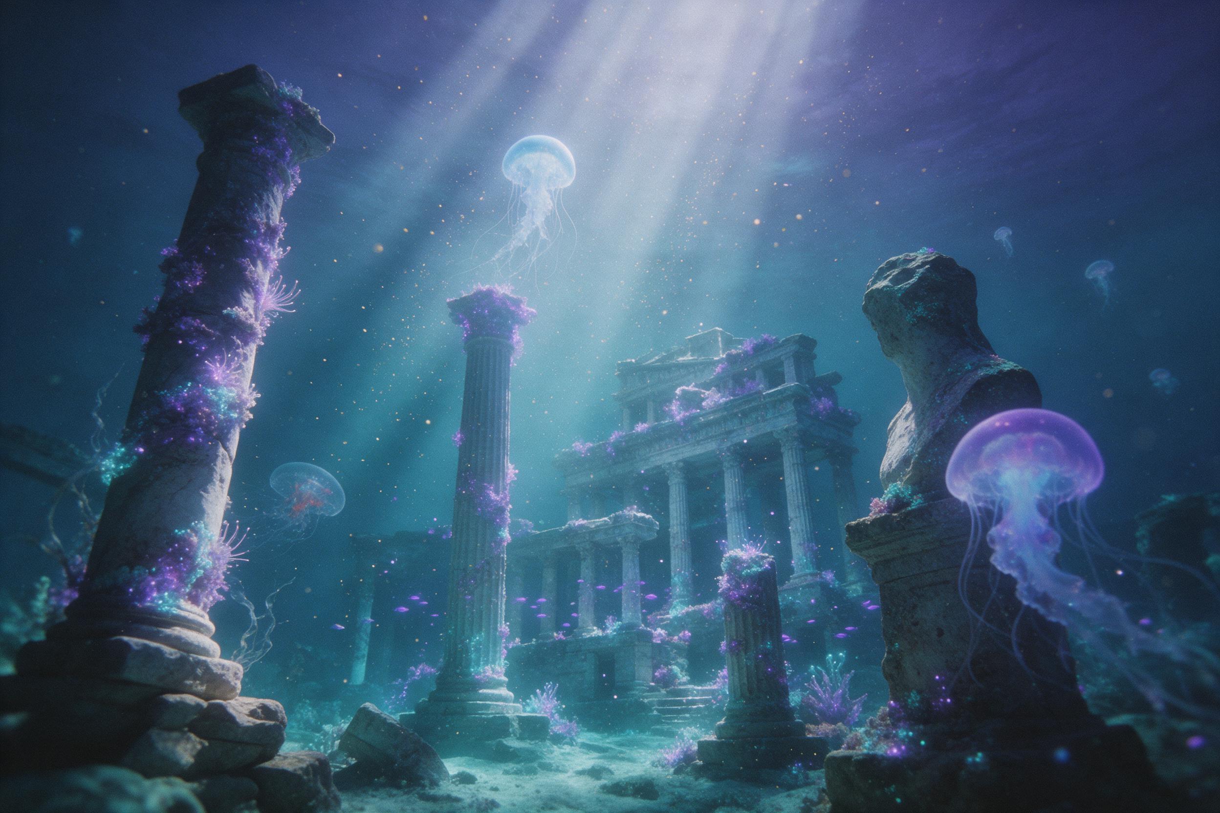 Ethereal bioluminescent jellyfish drifting through an ancient sunken city, columns draped in glowing coral, faint golden particles filtering down from the surface, soft teal and violet tone, volumetric god rays, gentle perspective from below, dramatic but serene mood, film grain texture