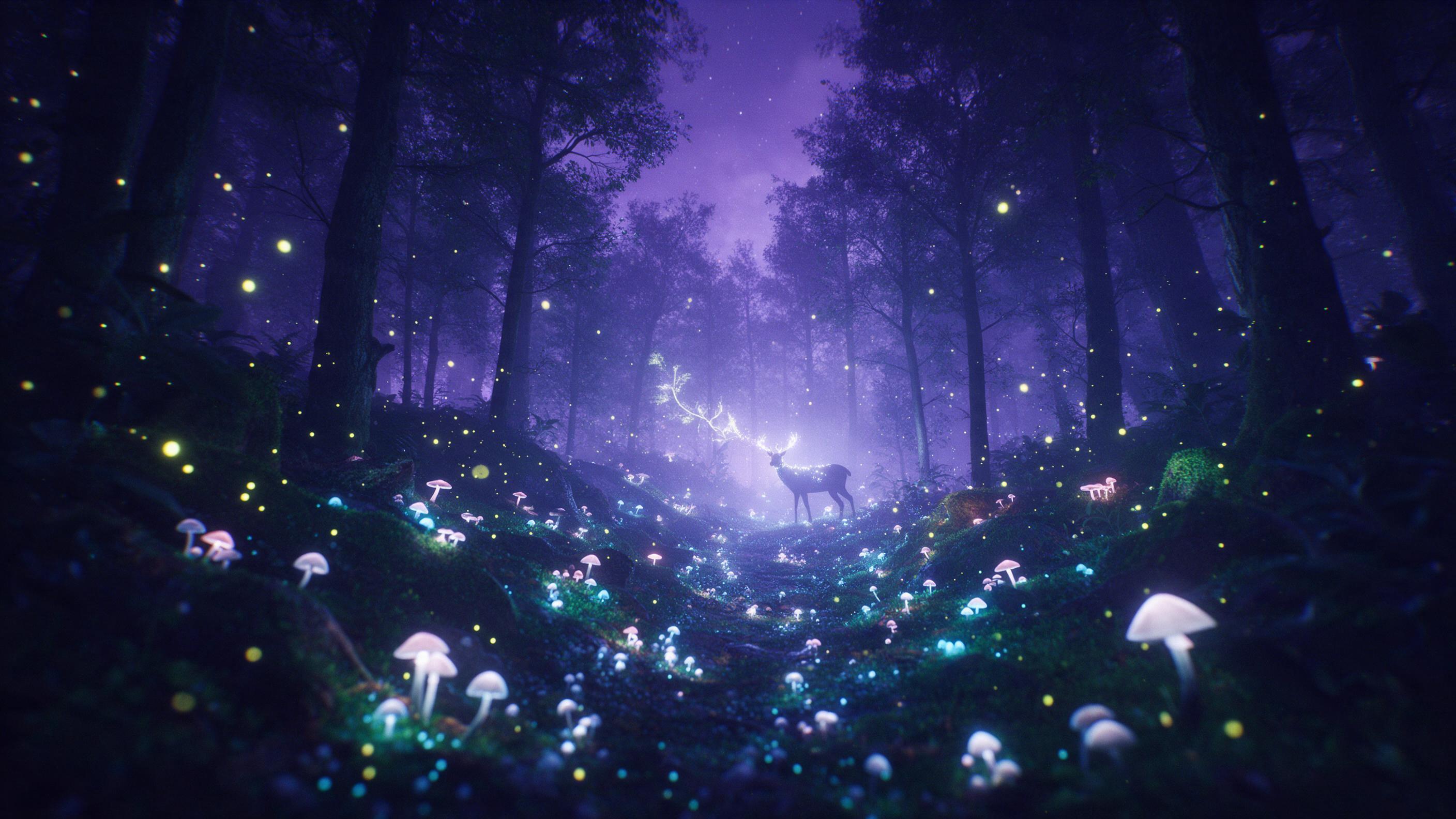 A bioluminescent forest under a violet sky, glowing mushrooms and moss illuminate a winding path, fireflies drift in the air, a silhouette of a deer with antlers wrapped in light, soft mist, eerie calm, low-angle view, cinematic rim lighting, subtle film grain.