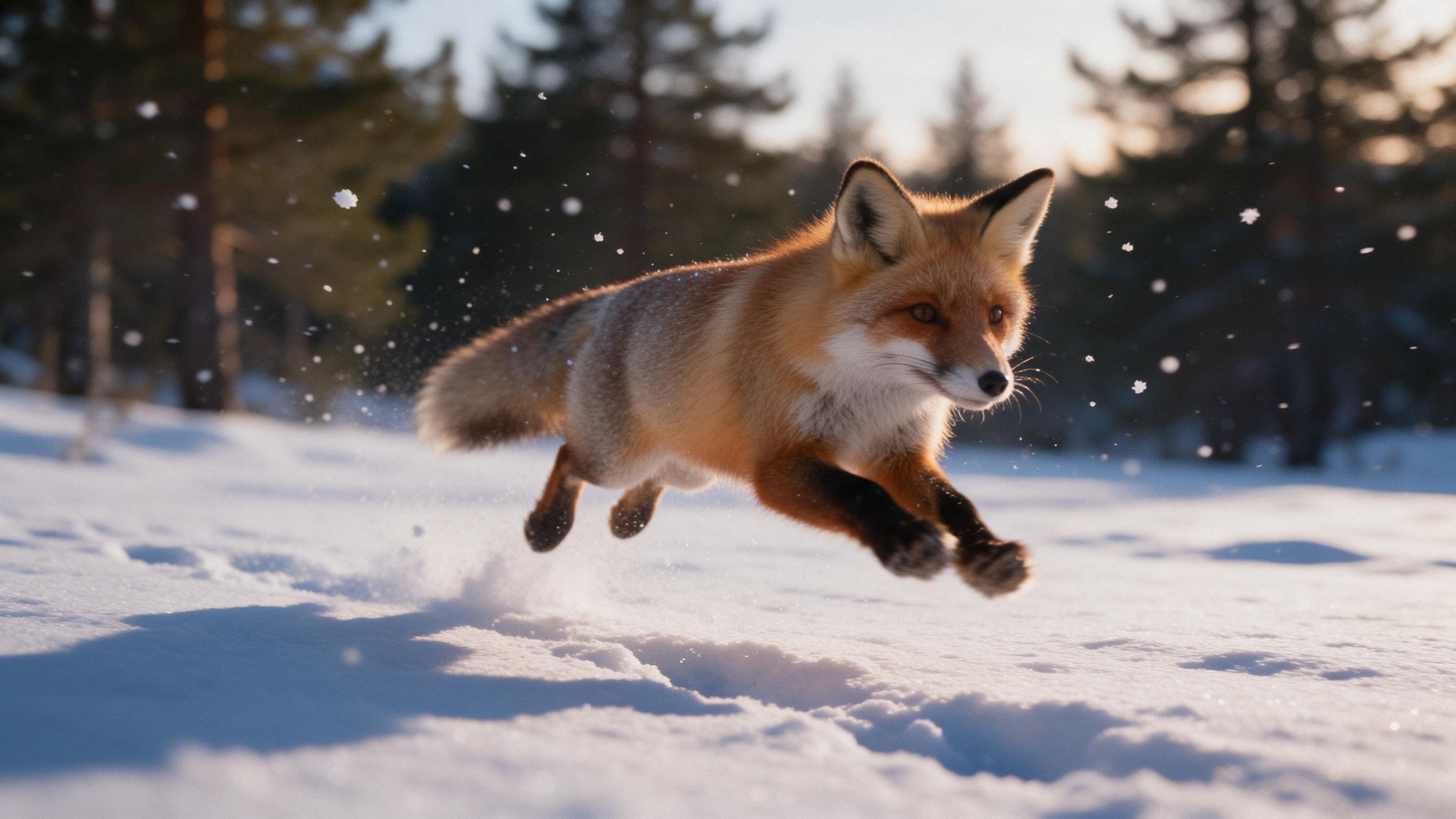 A red fox mid-leap across a snowy meadow at dusk, fur highlighted by warm low-angle sunlight, deep blue shadows in footprints, snowflakes caught mid-air, soft bokeh of pine trees in background, shallow depth of field, natural grain, slight motion blur on paws