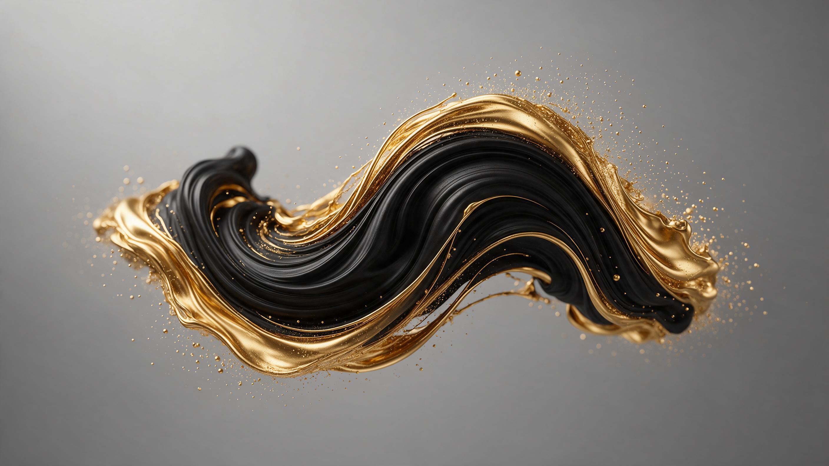 A minimalist abstract composition of flowing liquid gold and deep matte black, swirling in a parabolic arc against a soft gray gradient background. Sharp focus on the fluid interplay, with subtle light refraction and a delicate mist of tiny droplets at the edges. No text, no extra objects, clean neg