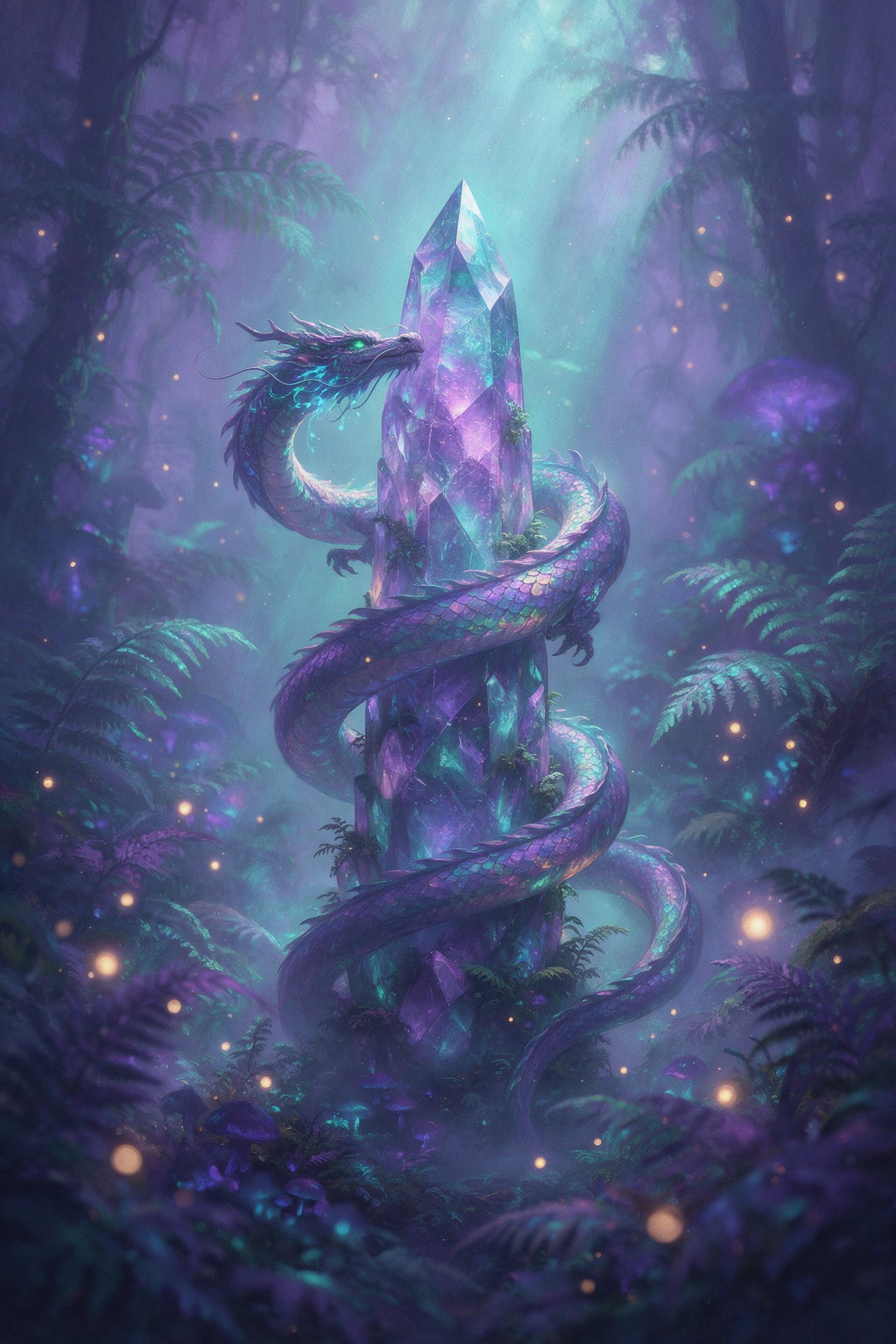 A glowing, iridescent dragon coiled around a crystal spire in a misty bioluminescent forest, scales reflecting purple and teal light, soft volumetric rays filtering through ancient ferns, small floating orbs of warm light, shallow depth of field with atmospheric haze, painterly texture.