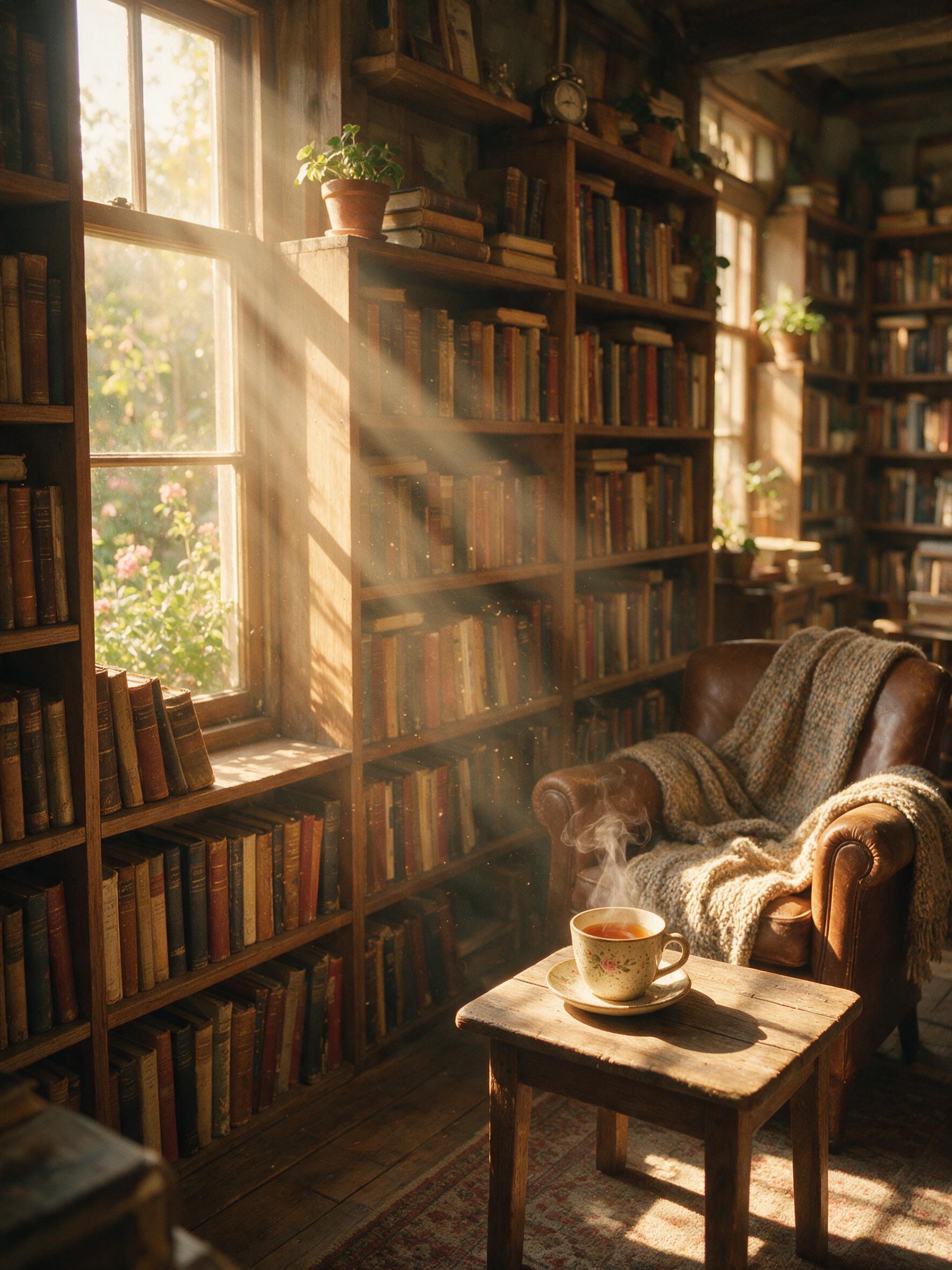 A cozy, sunlit corner of a vintage bookstore in the late afternoon, dust motes floating in golden light, wooden shelves filled with old books, a steaming cup of tea on a small table, warm earth tones, soft shadows, shallow depth of field, slight film grain.