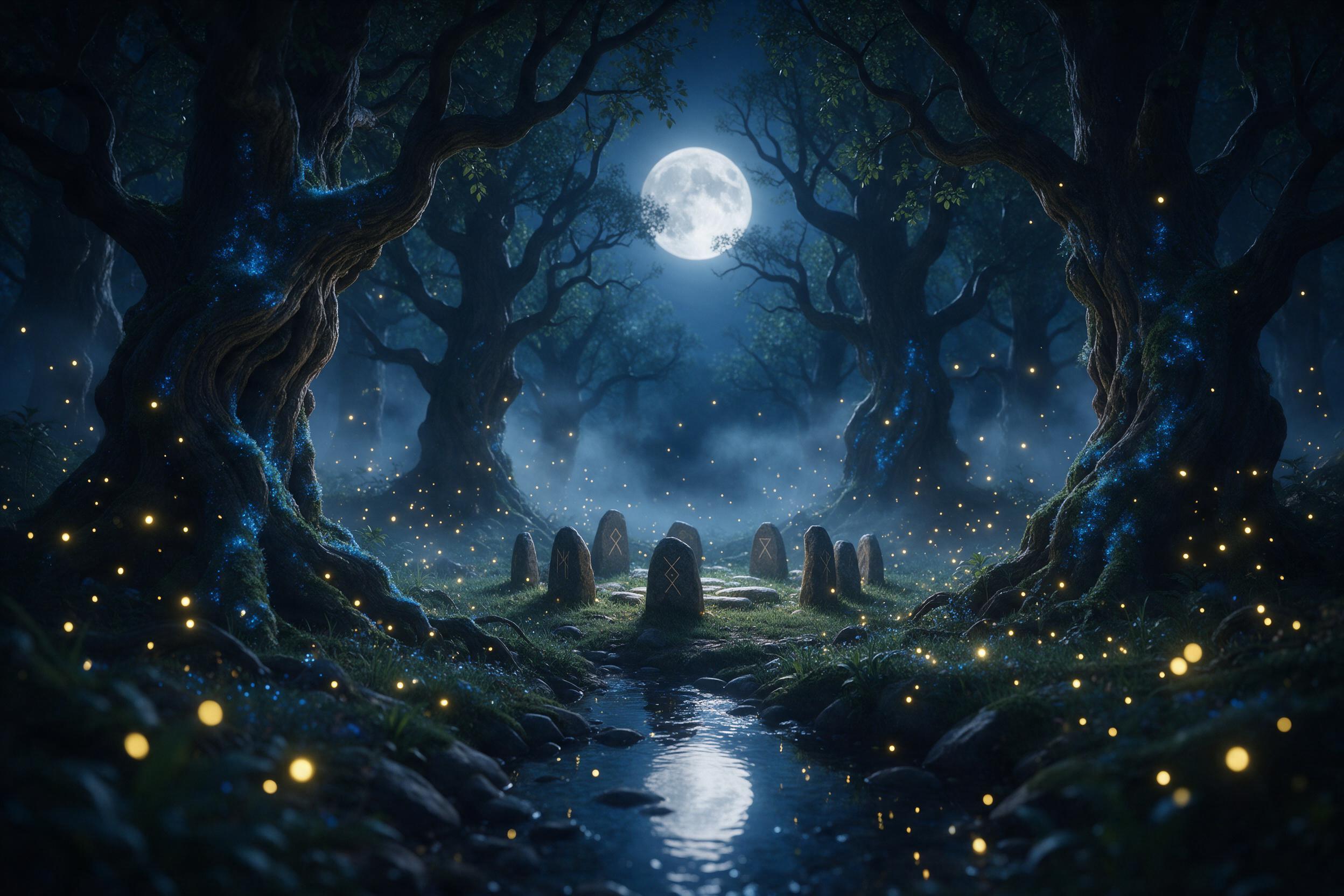 A moonlit enchanted forest clearing, ancient twisted trees with glowing blue moss, a small crystal stream reflecting the full moon, fireflies swirling in soft golden light, a stone circle with carved runes, shallow depth of field, ethereal mist between trunks