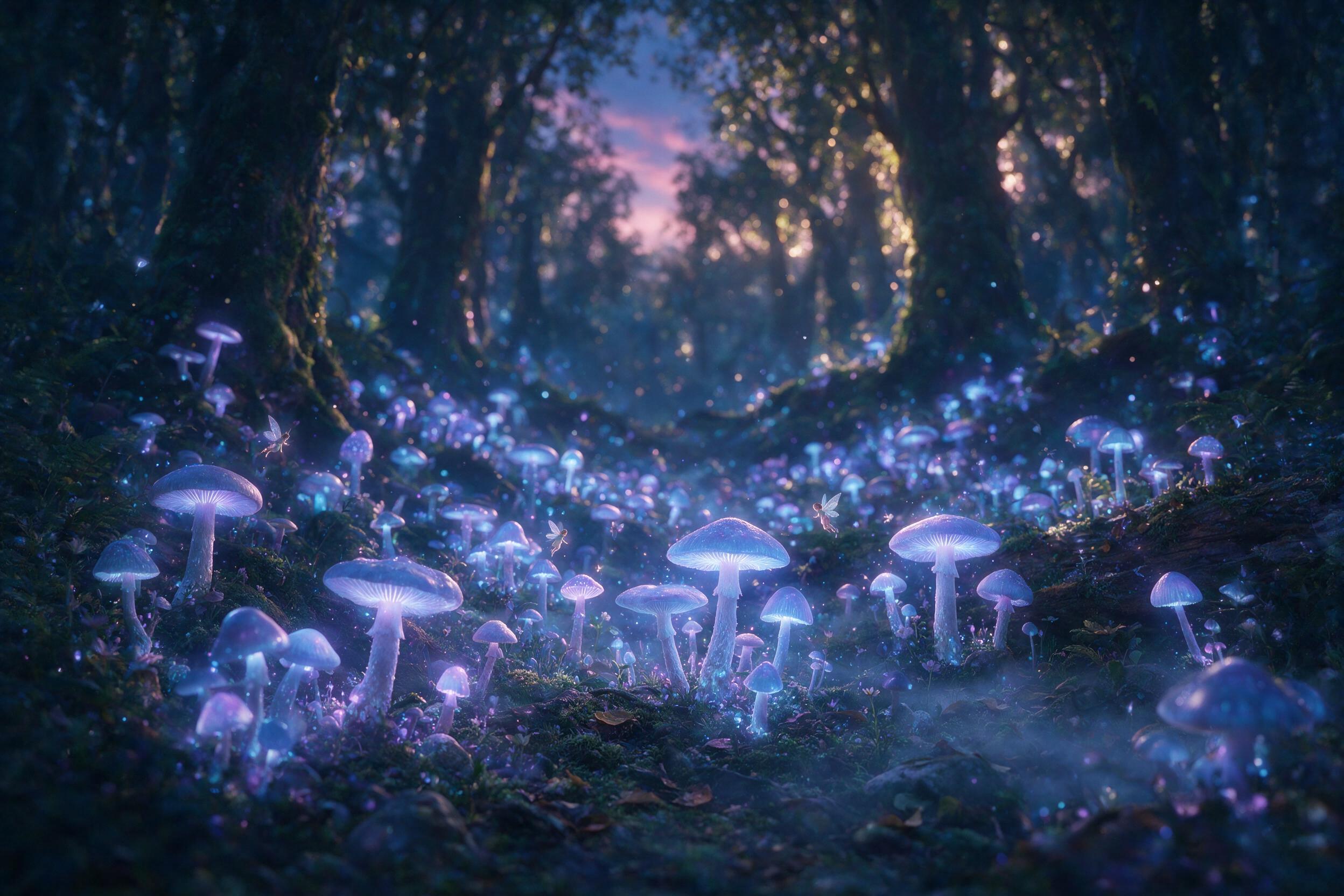 A glowing, bioluminescent mushroom forest at twilight, with soft blue and purple light emanating from the fungi, tiny fairies with translucent wings floating among the mushrooms, a gentle mist hovering over the ground, warm golden light filtering through the dense canopy, serene atmosphere, shallow 