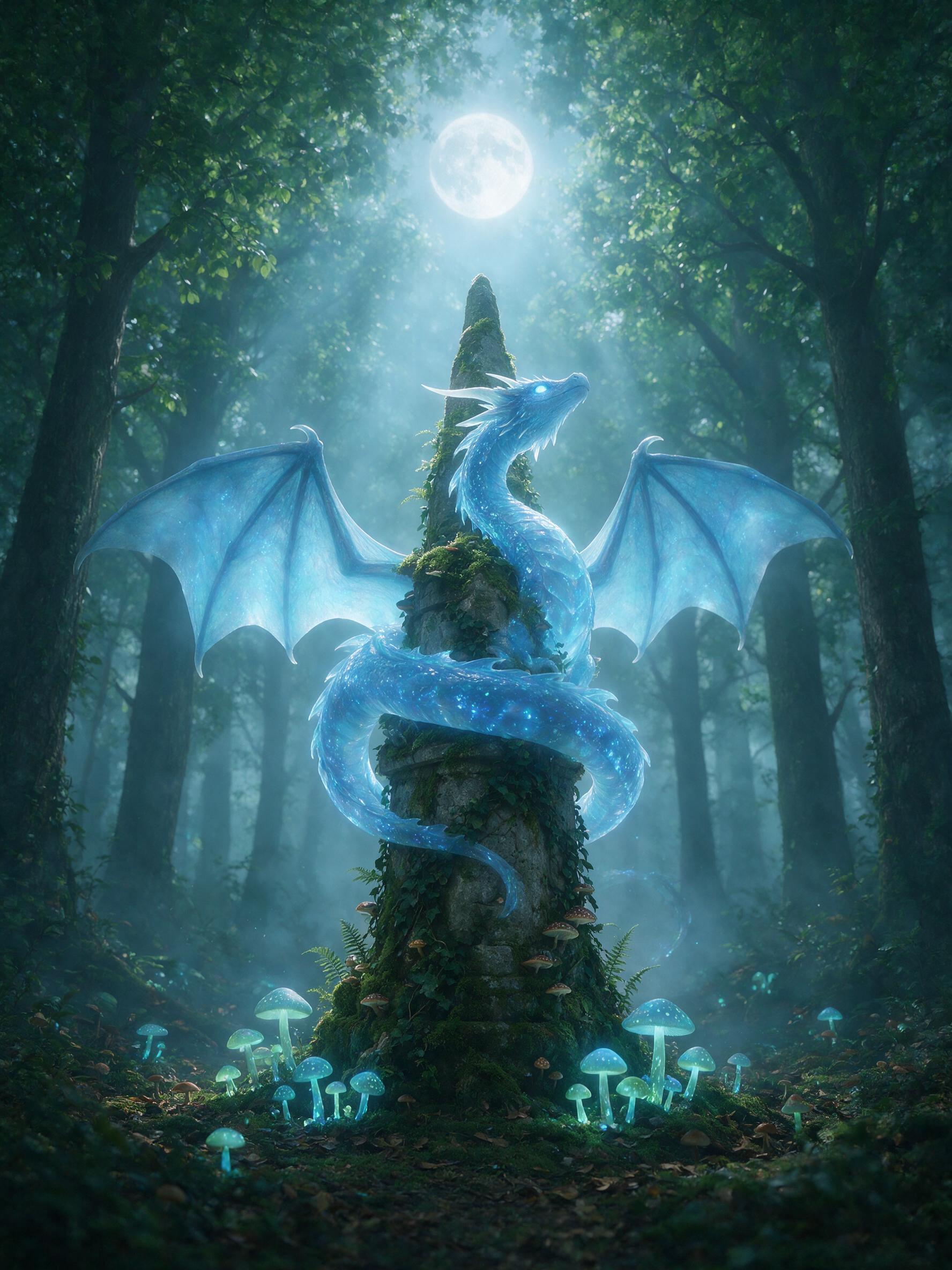 A glowing, translucent blue dragon coiled around a moss-covered stone spire in a misty forest, bioluminescent mushrooms at its base, soft moonbeam piercing through the canopy, subtle fog, serene and ethereal atmosphere.
