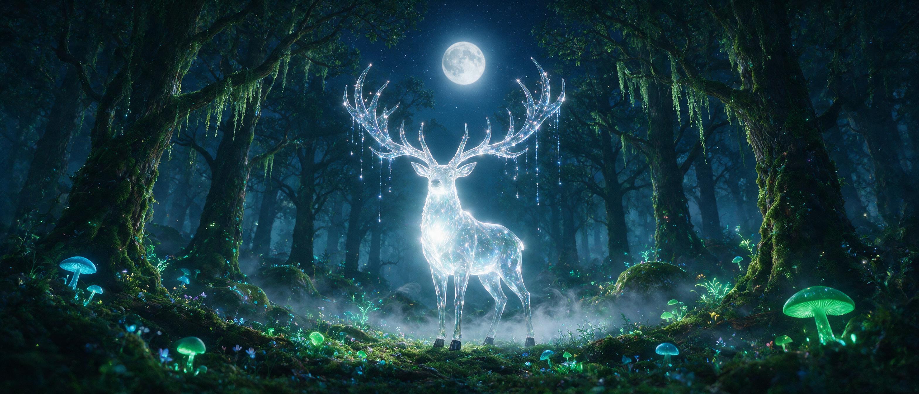A glowing crystal stag stands in a moonlit bioluminescent forest, antlers dripping with liquid starlight, soft mist swirling around its hooves, deep indigo and emerald hues, ethereal glow, cinematic composition, wide-angle lens, slight grain, natural lighting from the moon and crystals.