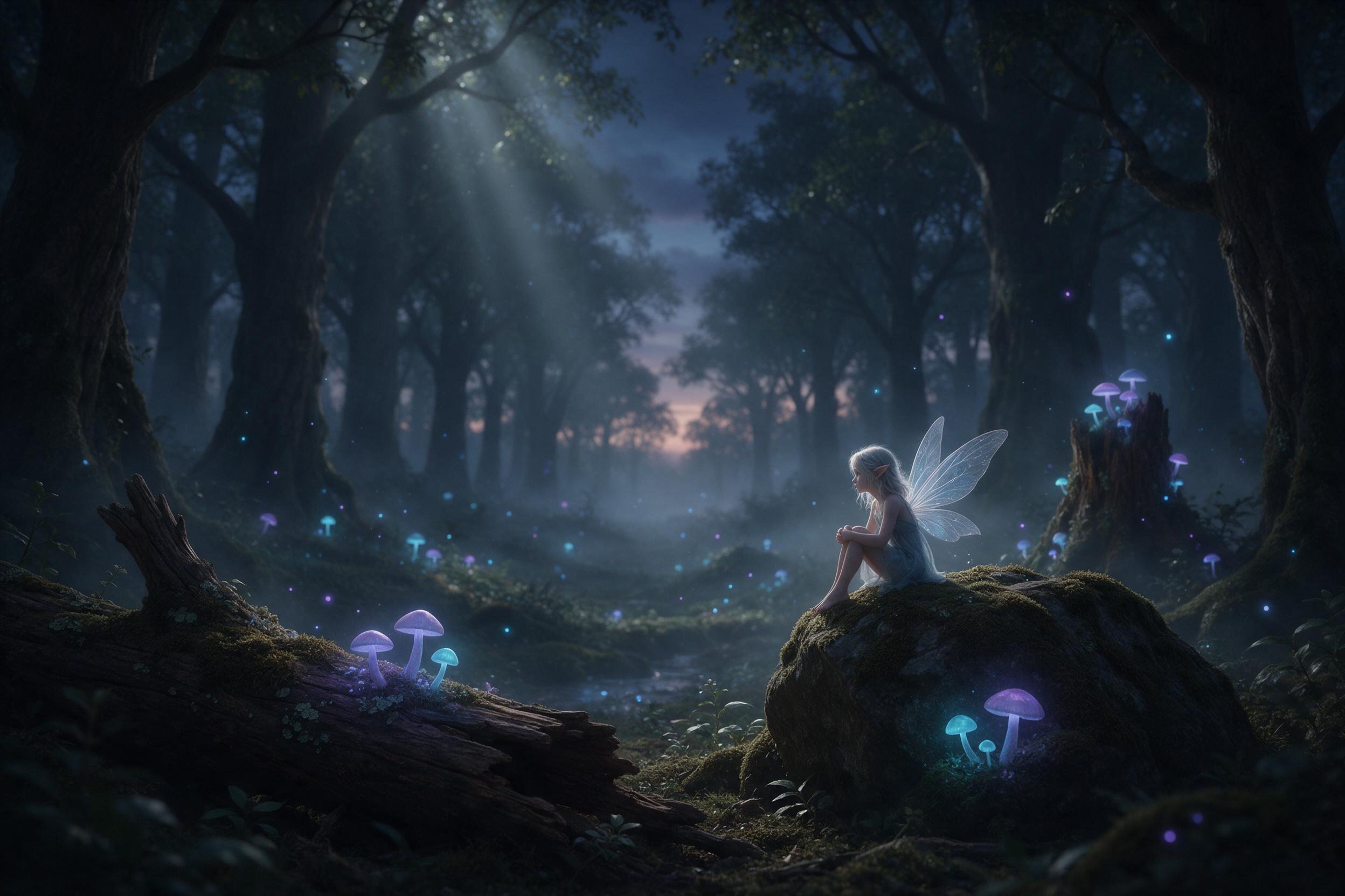 A mystical forest clearing at twilight, bioluminescent fungi glow in blue and purple, a small fairy with translucent wings perched on a mossy stone, soft mist between ancient trees, ethereal light rays pierce the canopy, quiet, dreamlike atmosphere using muted natural colors with subtle volumetric g