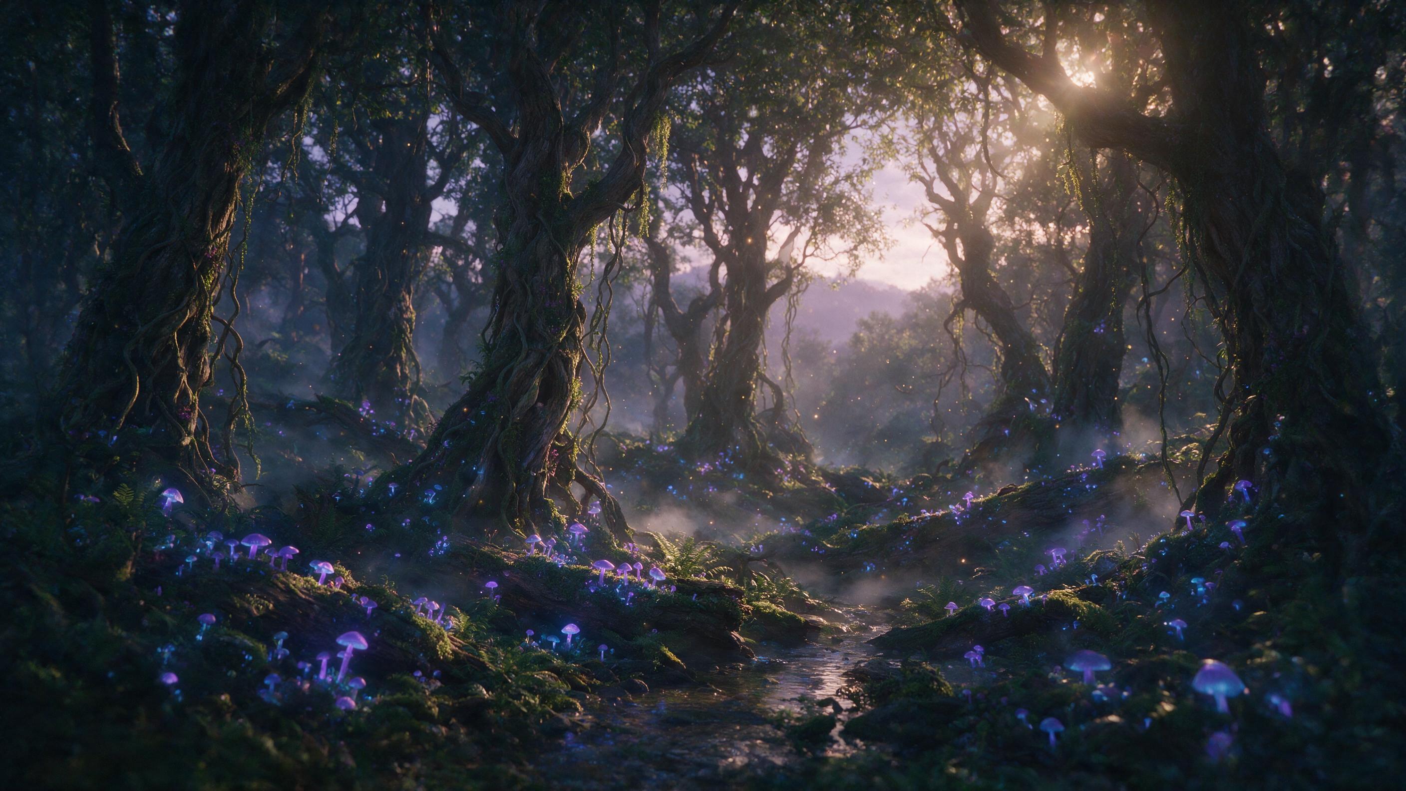 A mystical forest at twilight, glowing mushrooms in violet and blue hues, ancient twisted trees, floating dust motes like fireflies, soft mist hugging the ground, golden hour light filtering through canopy, medium shot, ethereal atmosphere, cinematic composition, subtle lens flare.