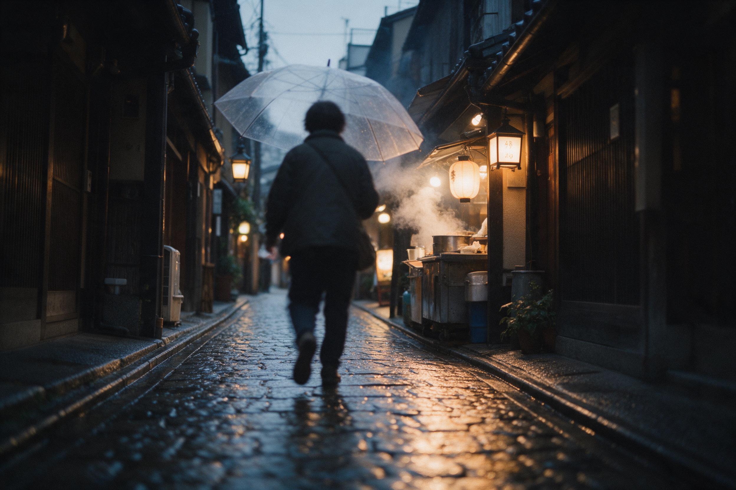 Rainy cobblestone alley in Kyoto at dusk, warm lantern glow reflecting on wet stones, a lone figure with a transparent umbrella walking away, steam rising from a nearby food stall, muted blues and amber, shallow depth of field, slight motion blur, film grain.
