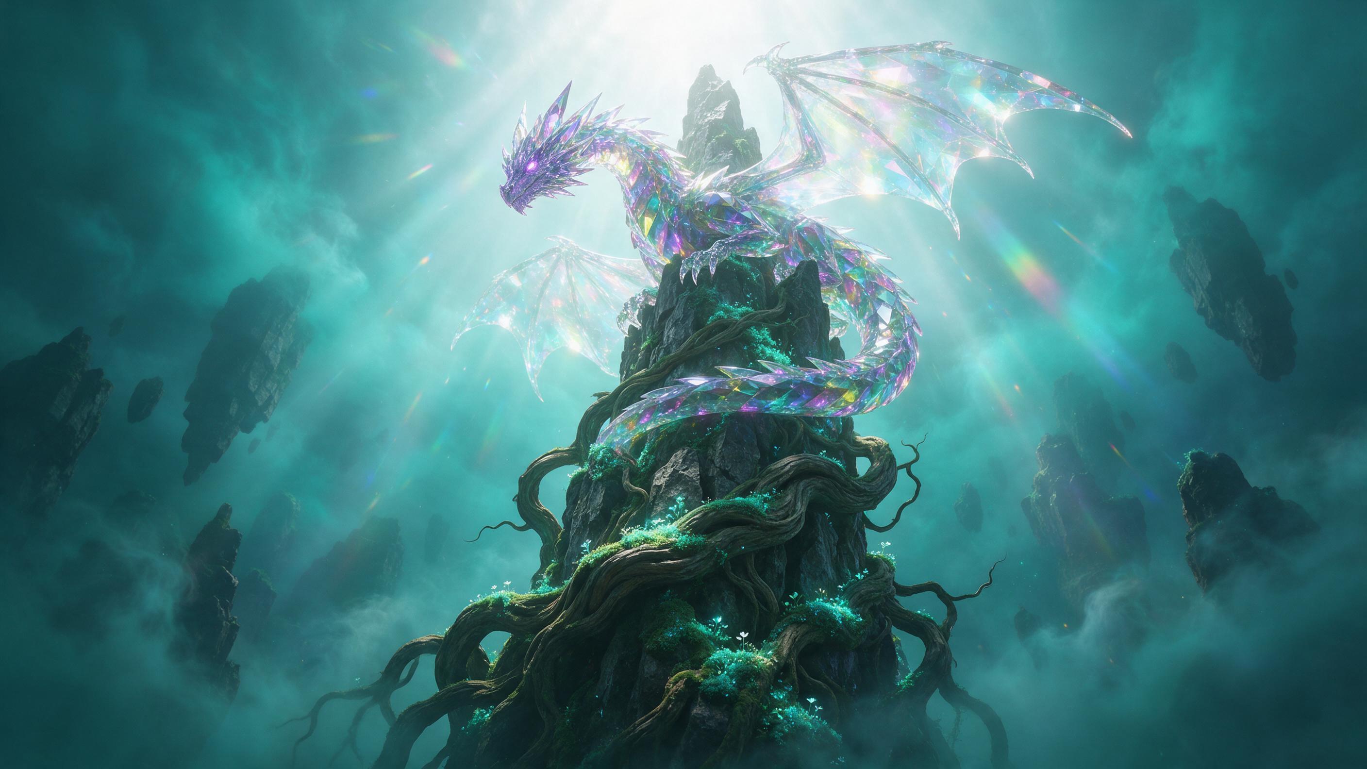 A glowing crystal dragon coiled around a floating rock spire, translucent wings scattering prismatic light. Overgrown luminescent moss, twisted ancient roots. Soft volumetric light rays pierce dense teal mist. Wide-angle view from below, emphasizing grand scale. Subtle lens flare, slight mist haze.